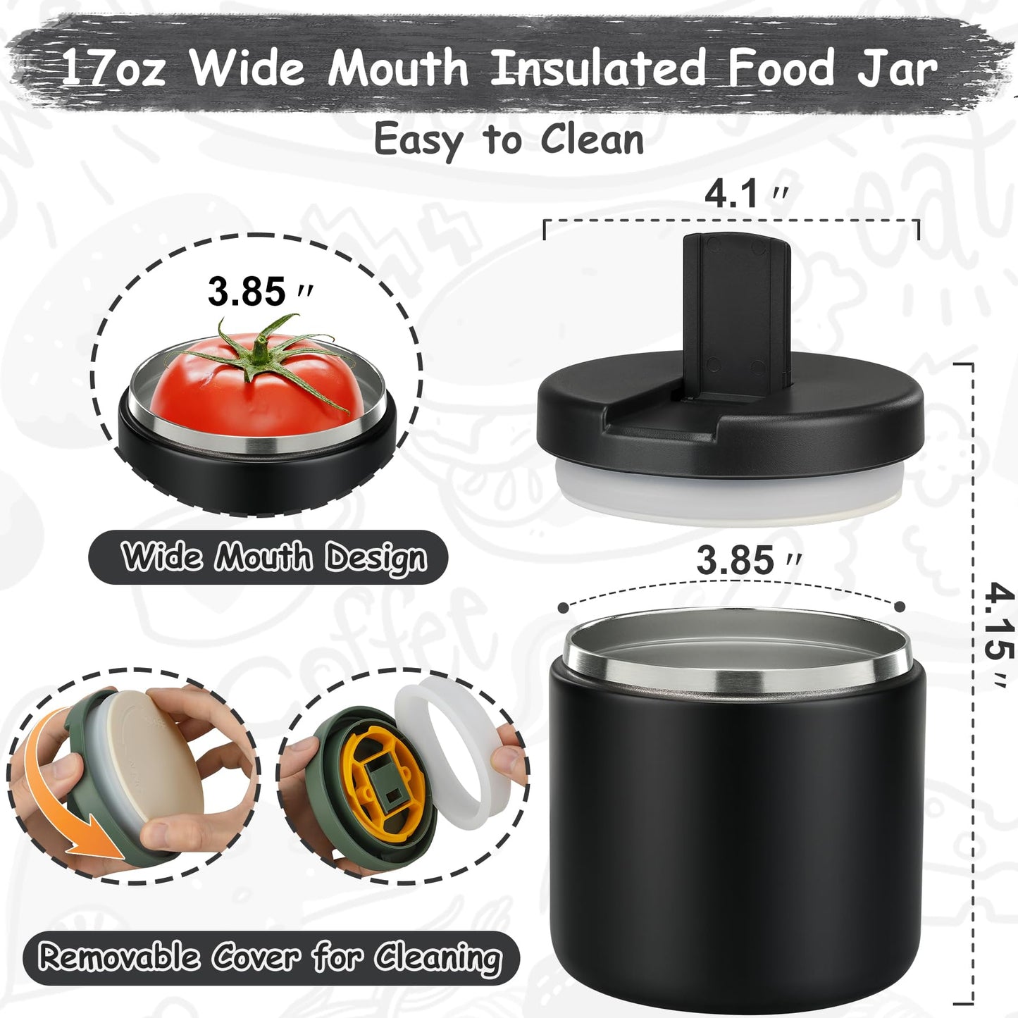 Pawtong 19oz Insulated Vacuum Food Jar with Buckle Lid Wide Mouth Soup Thermo for Hot Food Kids Leakproof Stainless Steel Lunch Container- Black-1Pack