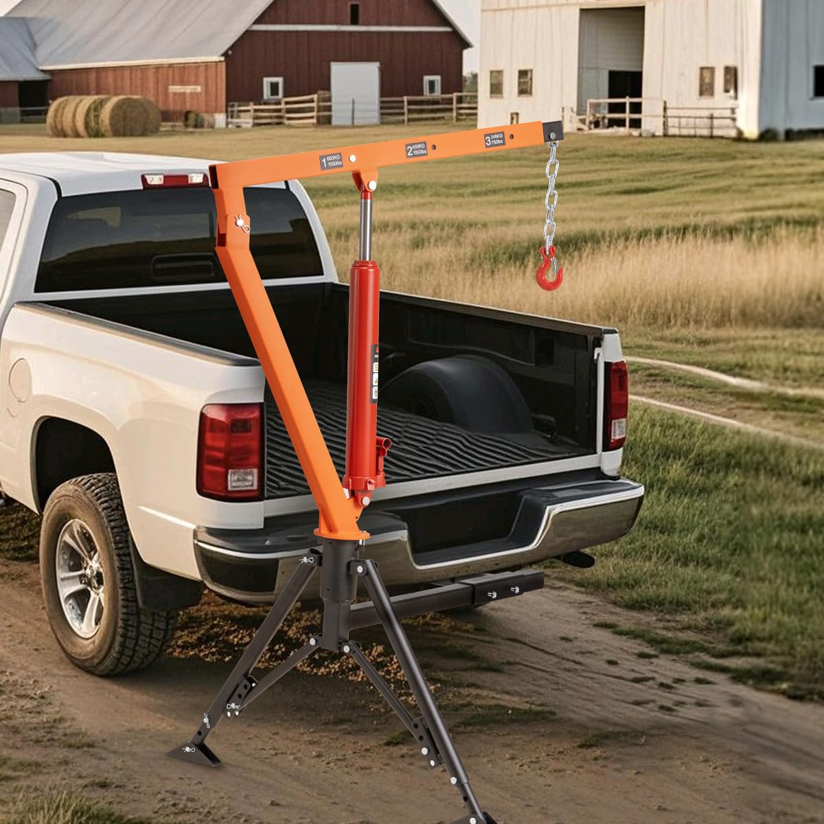 Rugcel 1500 lb Stretchable Receiver Hitch Mounted Hydraulic Swivel Pickup Truck Crane, with Three Boom Capacities of 750 lb, 1000 lb and 1500 lb (Hitch Crane 1500LB)