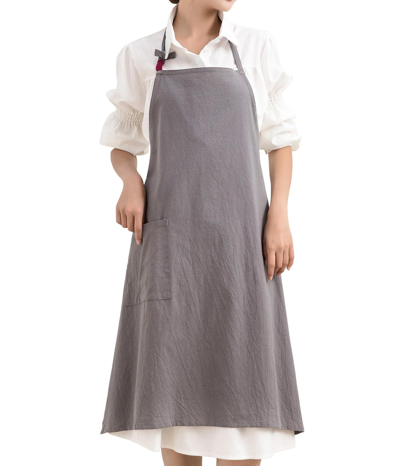 KITCHIEF Cotton Linen Pinafore Apron Dress for Women with Pockets Cute Chef Aprons Halter Apron for Kitchen Baking Painting (Gray)