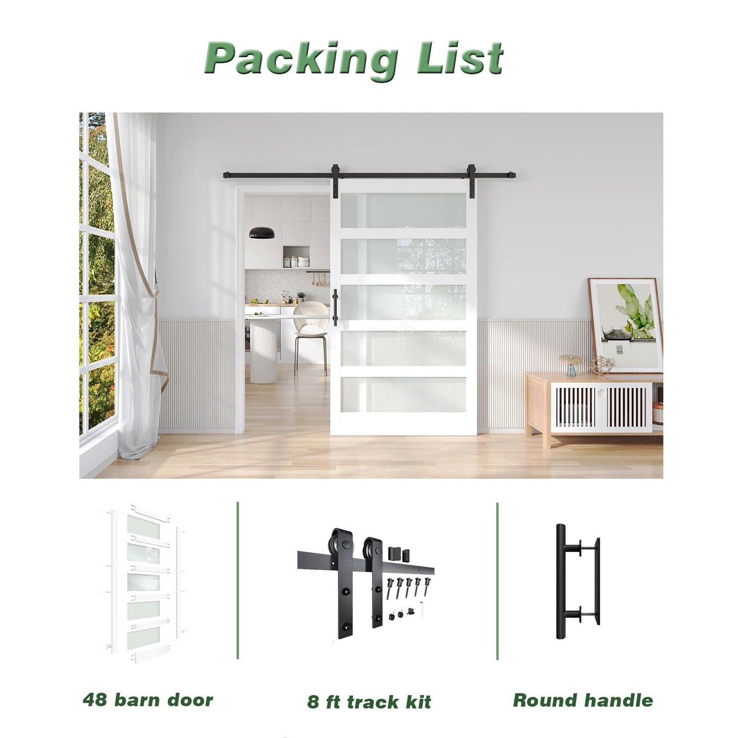 Fredbeck 48in x 84in White Glass Barn Door with 8FT 96inch Sliding Doors Hardware Kit Included & Handle,PVC Surface,Need to Assembly,Water-Proof