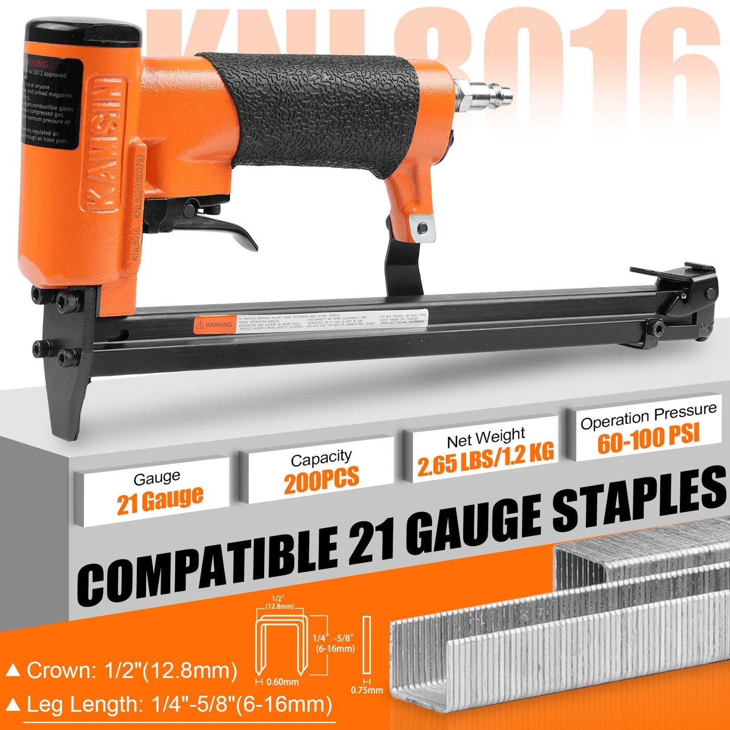 KAMSIN KNL8016 21 Gauge Pneumatic Upholstery Stapler with Extended Long Magazine, 1/2-Inch Crown Staples, 1/4-Inch to 5/8 -Inch(6-16mm) Leg Length, Air Power Fine Wire Stapler for Furniture, Cabinets
