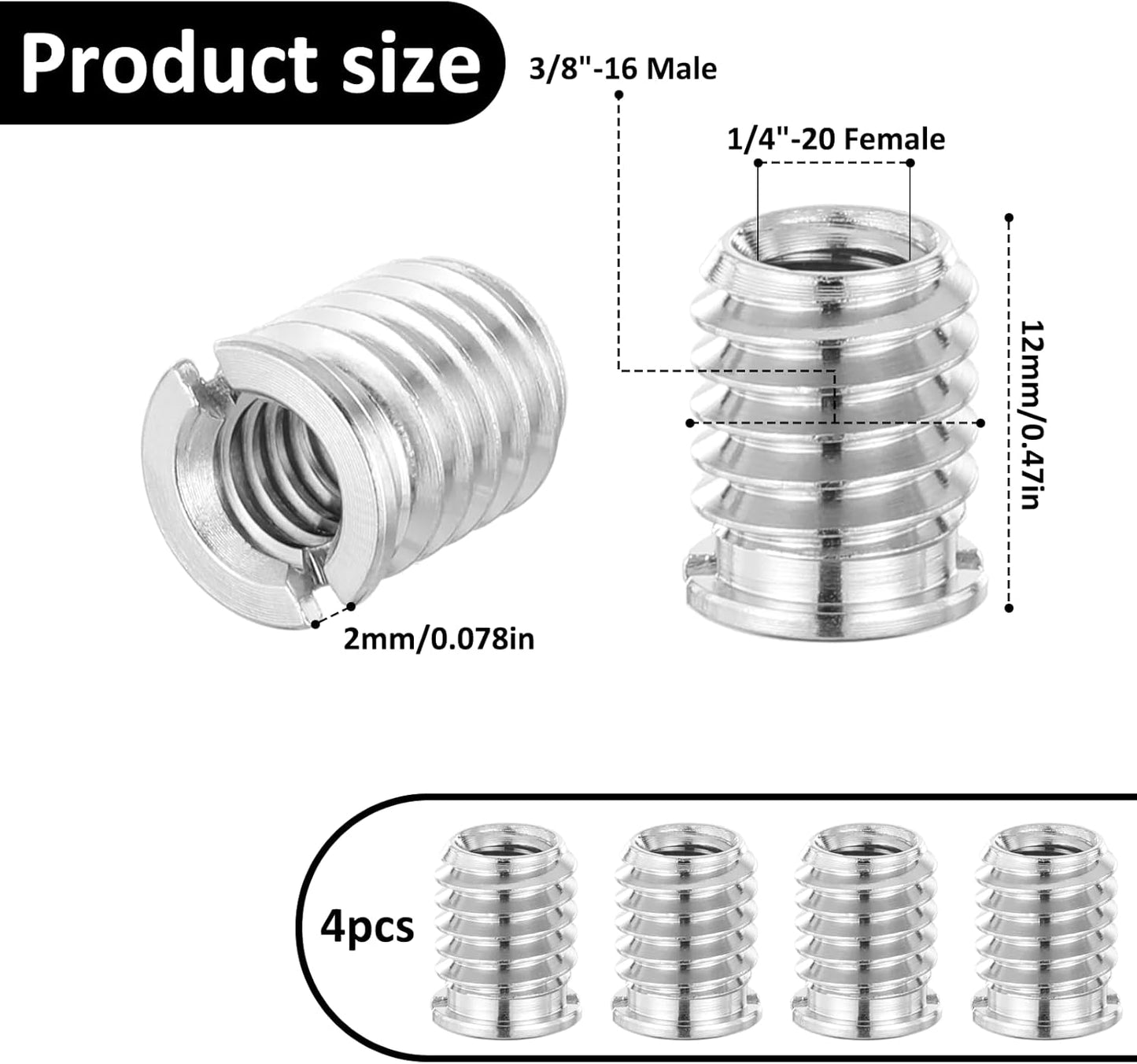 Zyghjort 4 1/4 3/8 1/4 3/8 12 Mm PCS to Adapter, Female to Male Adapter Tripod Thread Adapters Height Reducer Bushing