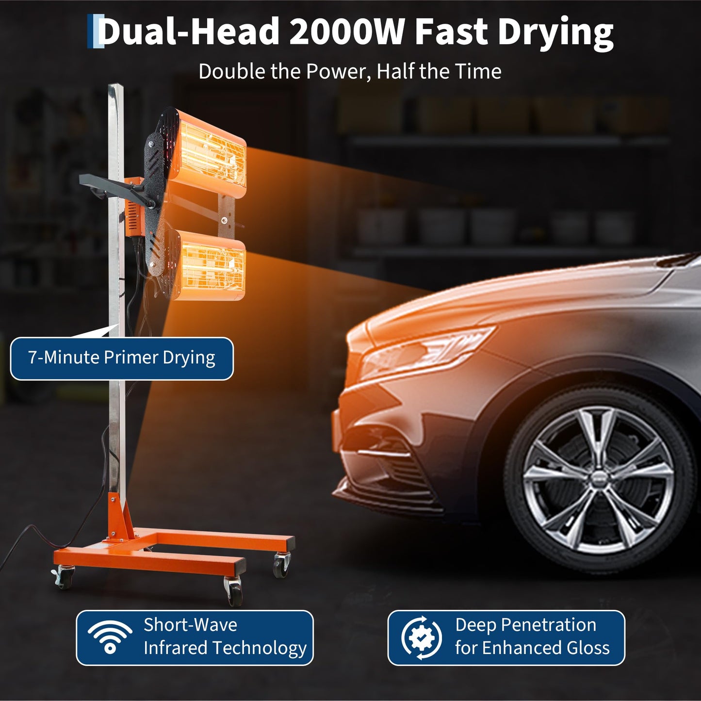 Garvee Professional Infrared Paint Curing Lamp 2000W Short Wave Paint Baking Light w/Timer & Wheels for Body Repair Paint Curing Systems Adjustable 110V Paint Dryer Tool for Auto Shops
