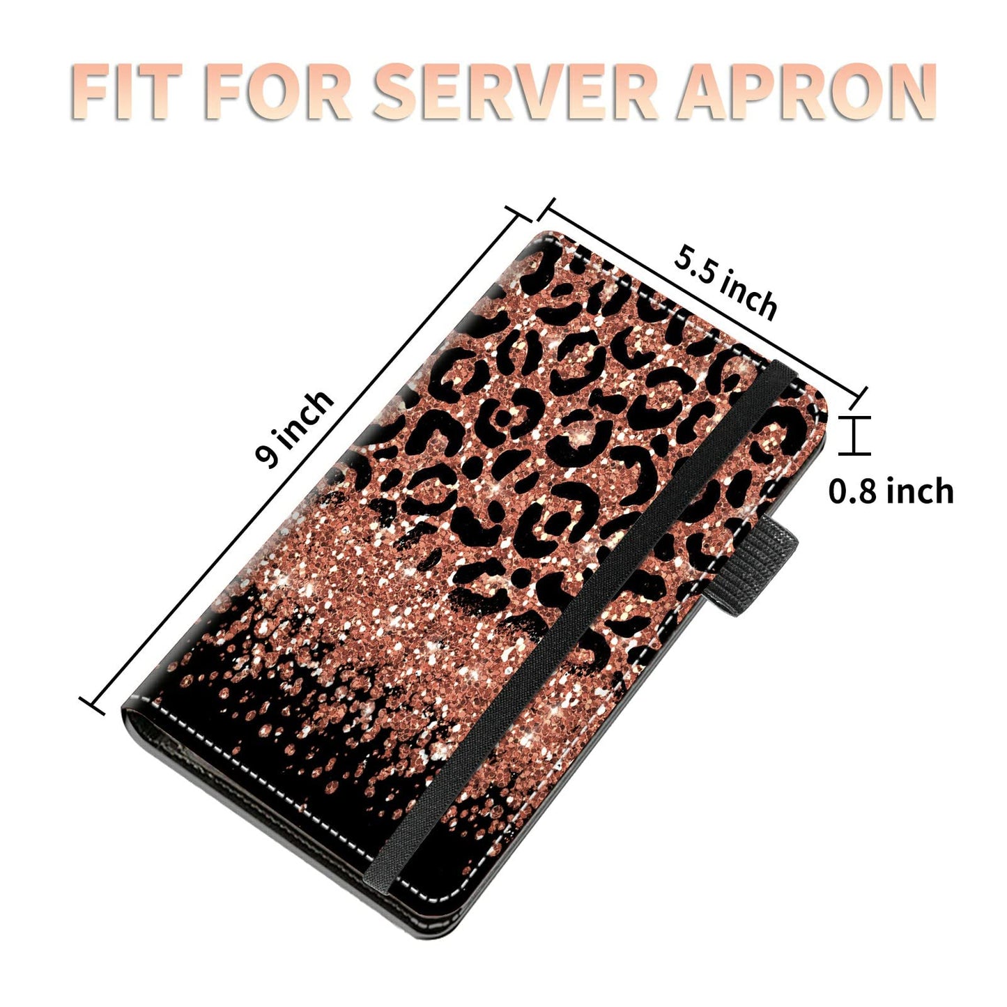 High Volume Server Books, Pink Leopards Glitter Server Book w/ 2 Expandable Pockets 9 x 5 Cute Waitress Book Zipper Pocket & Strap Closure Waitstaff Organizer Server Booklet Waiter Money Wallet