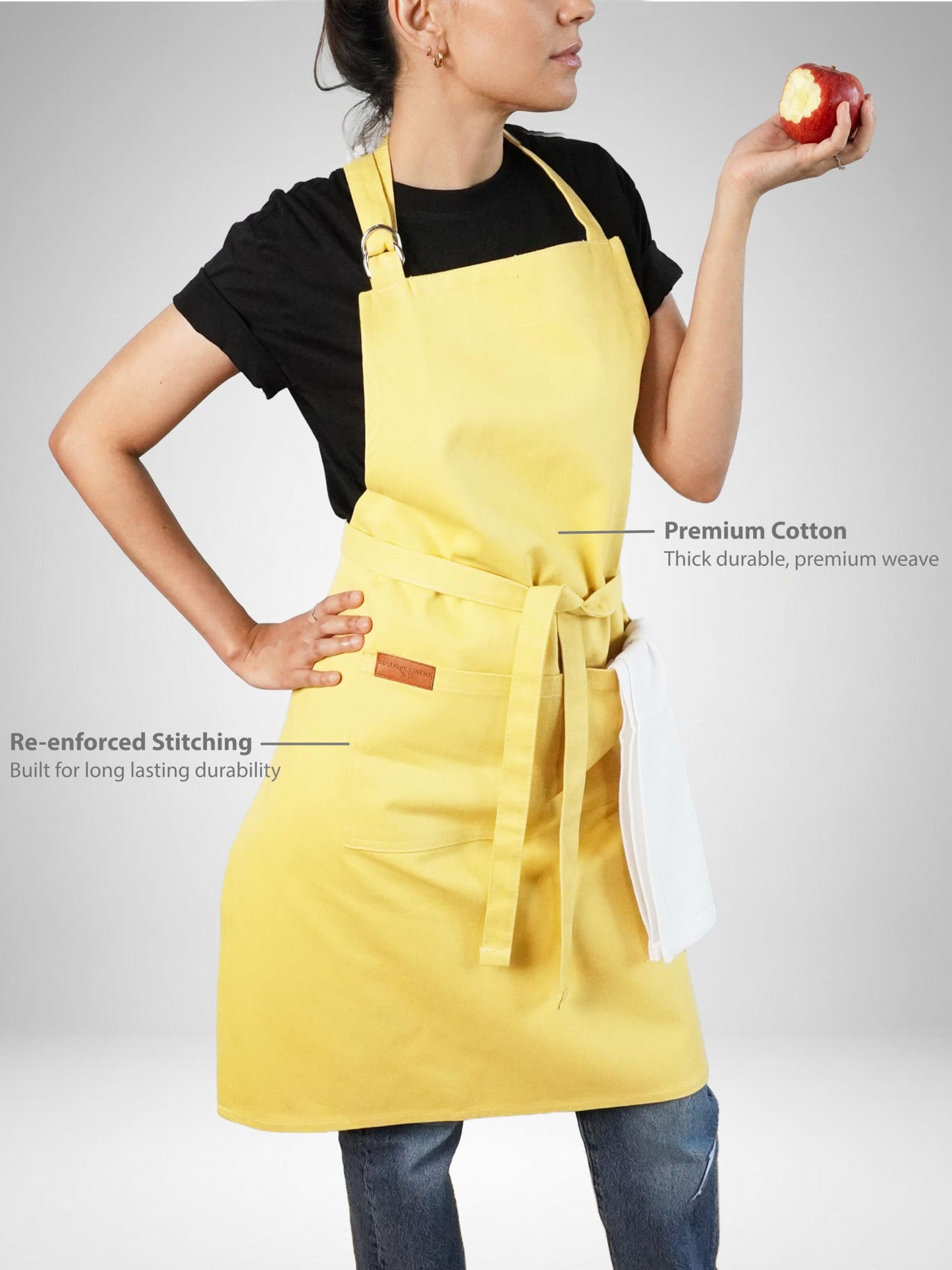 RUSTIQUE LINENS Lemon Yellow 100% Cotton Kitchen Apron with 2 Pockets for Men and Women – Adjustable Chef Apron for Cooking Baking BBQ Restaurant Use – Machine Washable Durable Unisex Bib Apron