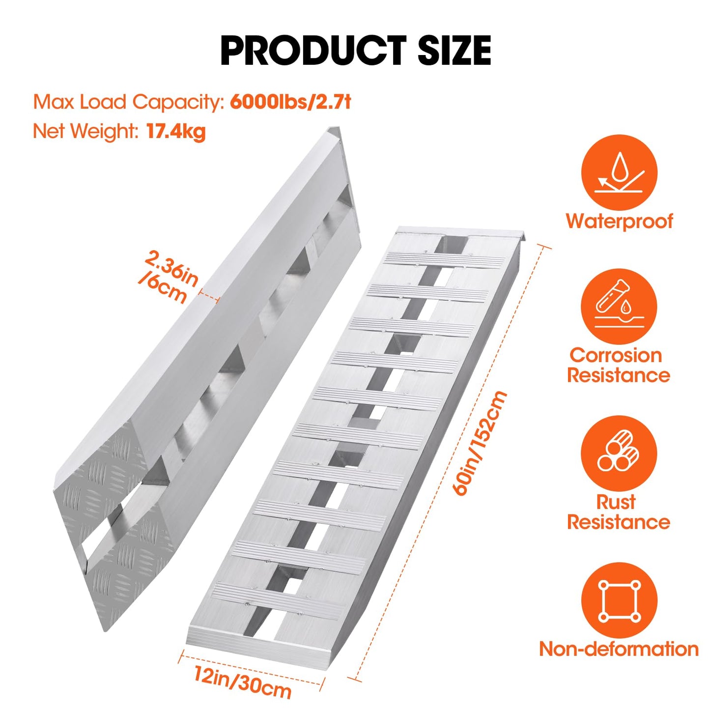Aluminum Trailer Ramps, 6000LBS Capacity Heavy-Duty Loading Ramps for Bike, Motorcycle, Tractor, ATV/UTV, Trucks, Auto Hauler- with Knife & Hook Ends, 2pcs (60 X 12 Inch)