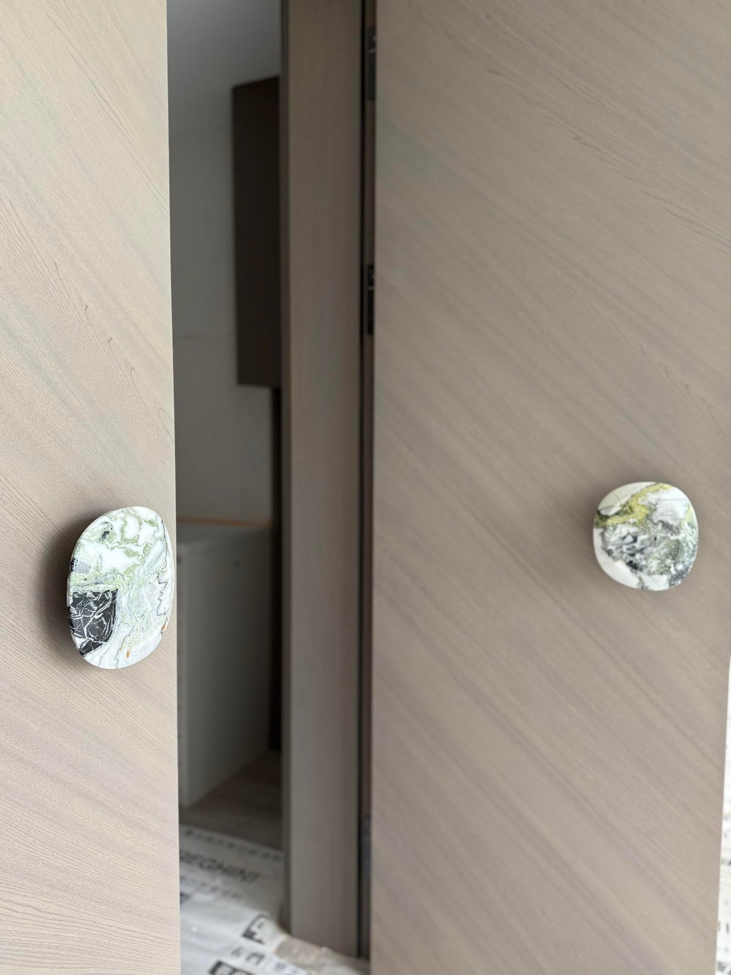 Emily&Sarah Italian Roman Ivory Travertine Door Handle Pair – Through Bolt Floating Matte Finish Pull, Easy to Install | Customizable Styles & Logo Engraving, (Treasure-Shaped Small White Hole)