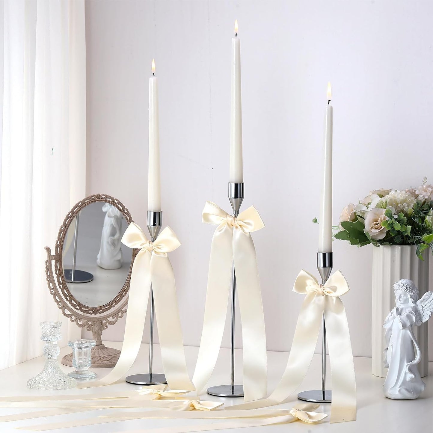 Teenyyou 12 Pcs Ivory Candlestick Bows - 13 Inch Large Coquette Table Decor for Weddings & Parties