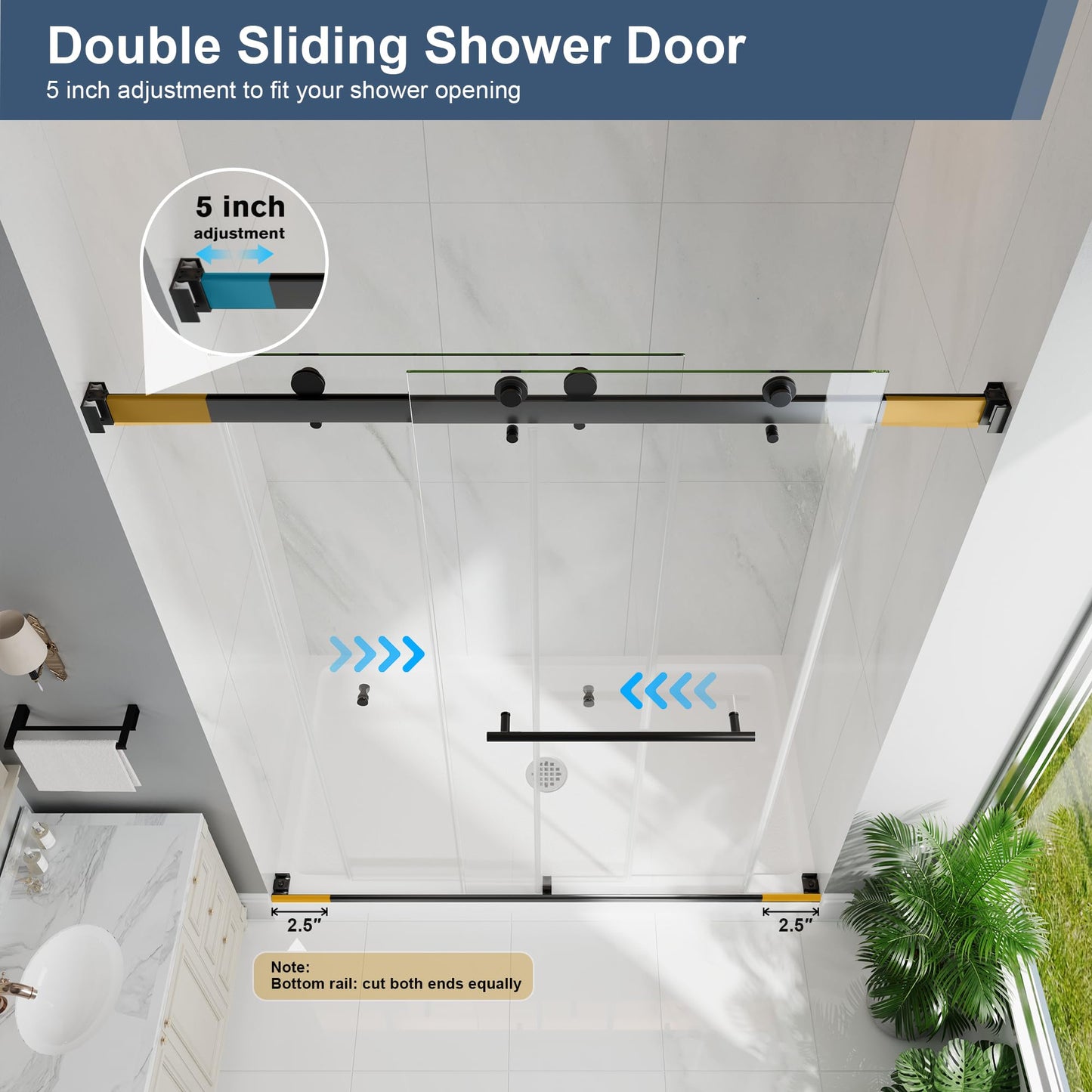 EASYWORC Frameless Double Sliding Shower Doors, 49-54" W x 76" H Shower Glass Door, 1/4" (6mm) Thick ANSI Certified Tempered Glass with Explosion-Proof Film and Nano Coating, Matte Black