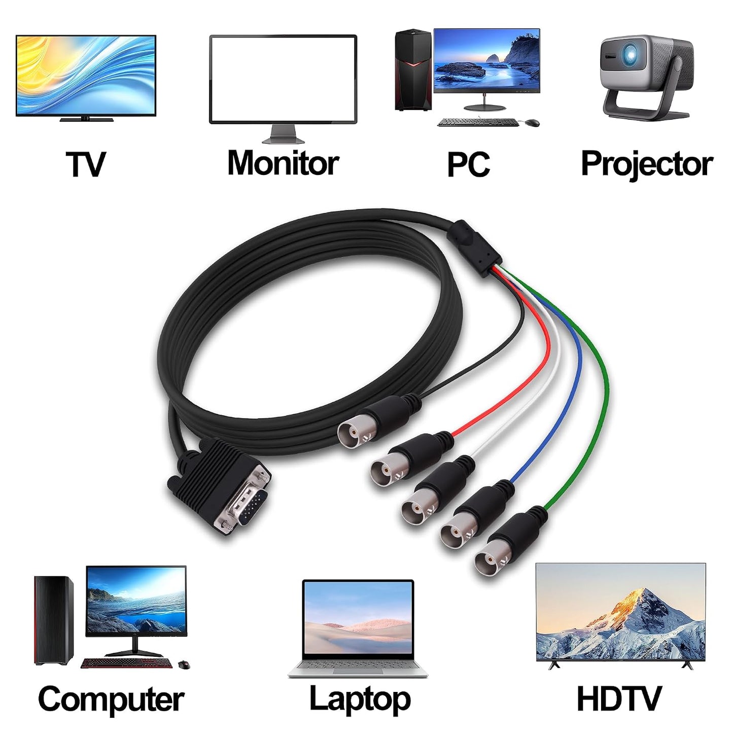 CybNemo 5BNC 15 5 -1.5M/5FT VGA to Video Signal Cable HD VGA Male to BNC Female RGBHV Coaxial Monitor Breakout Cord