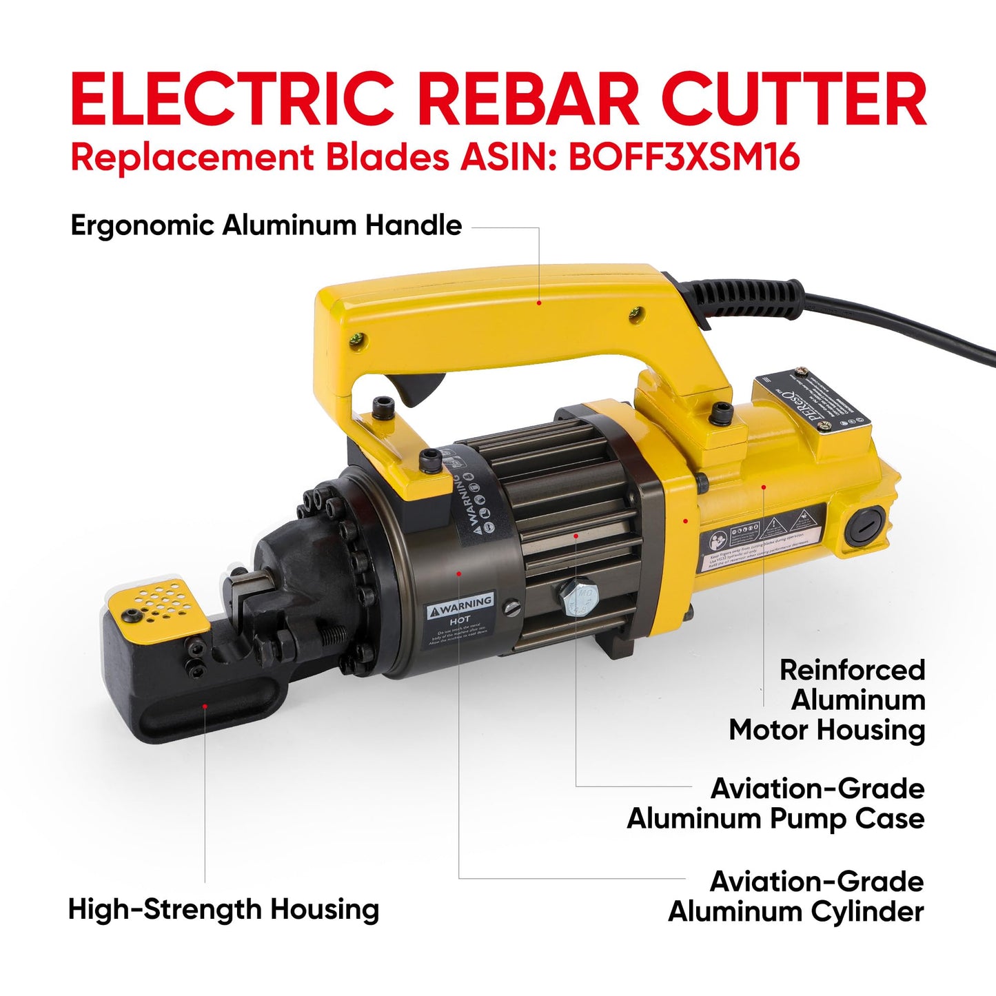 PEResQ Electric Hydraulic Rebar Cutter, 1000W 120V Corded, Portable Steel Bar Cutter, 5/8" (#5) 4-16mm Capacity,Cutting Speed 1s, Lightweight 16.5 lbs, Model PC-16 (Yellow-16)