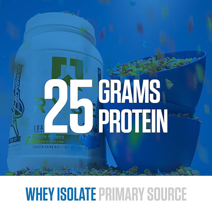 RYSE Loaded Protein Powder - Fruity Crunch - 25g Whey Protein Isolate & Concentrate with Prebiotic Fiber & MCTs - Low Carb, Low Sugar, Digestive-Friendly - 27 Servings / 2 lb Tub