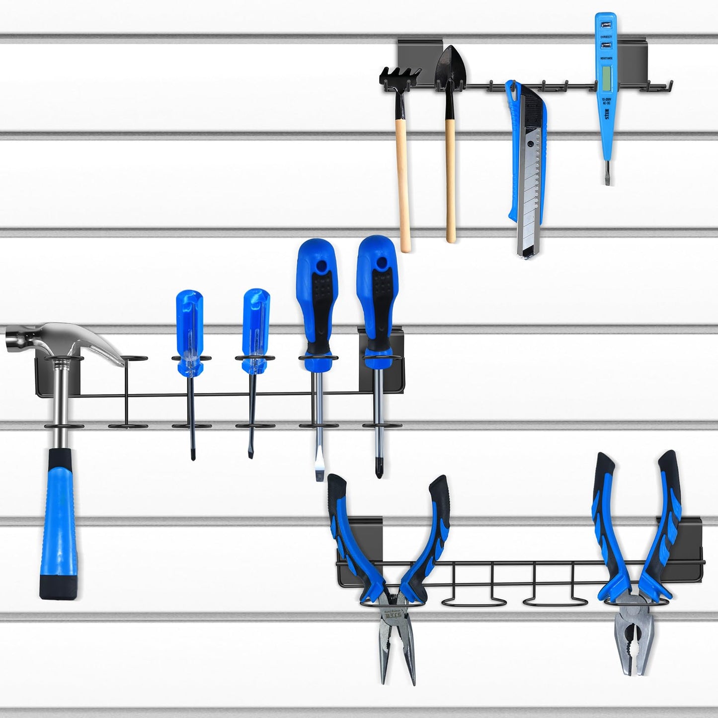 BeapTcely 6 Pcs Slatwall Screwdriver Holders Slatwall Plier Holders Stainless Steel Slat Wall Tool Utility Hooks Accessories Shelving Display Multi-Ring Tool Organizer Racks for Shop Store (6, Black)