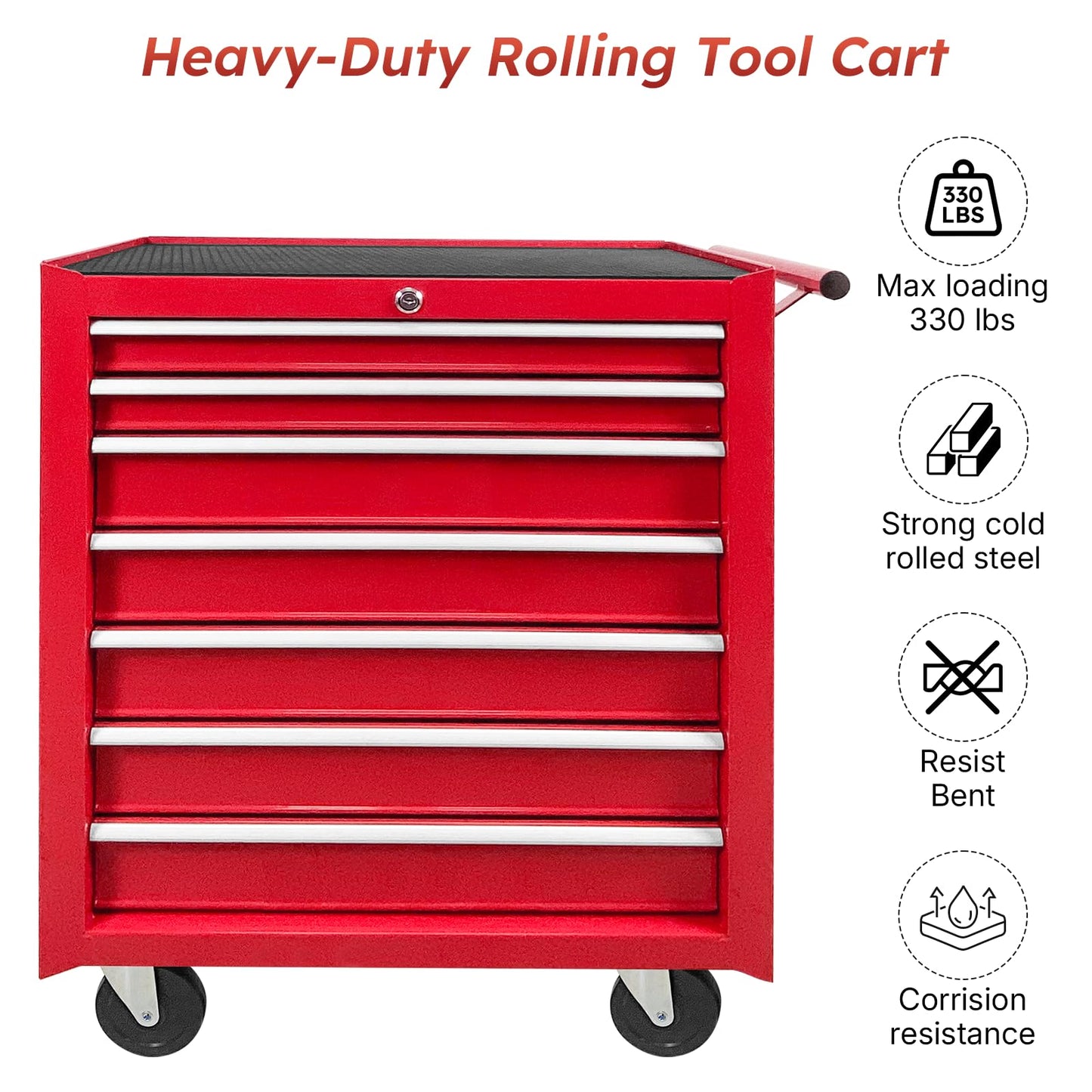 Rovibek 7-Drawer Rolling Tool Chest with Wheels, Lockable Metal Tool Box for Garage Workshop Warehouse, Large Capacity Tool Storage Cabinet, Heavy-Duty Tool Chest with Drawers, Red