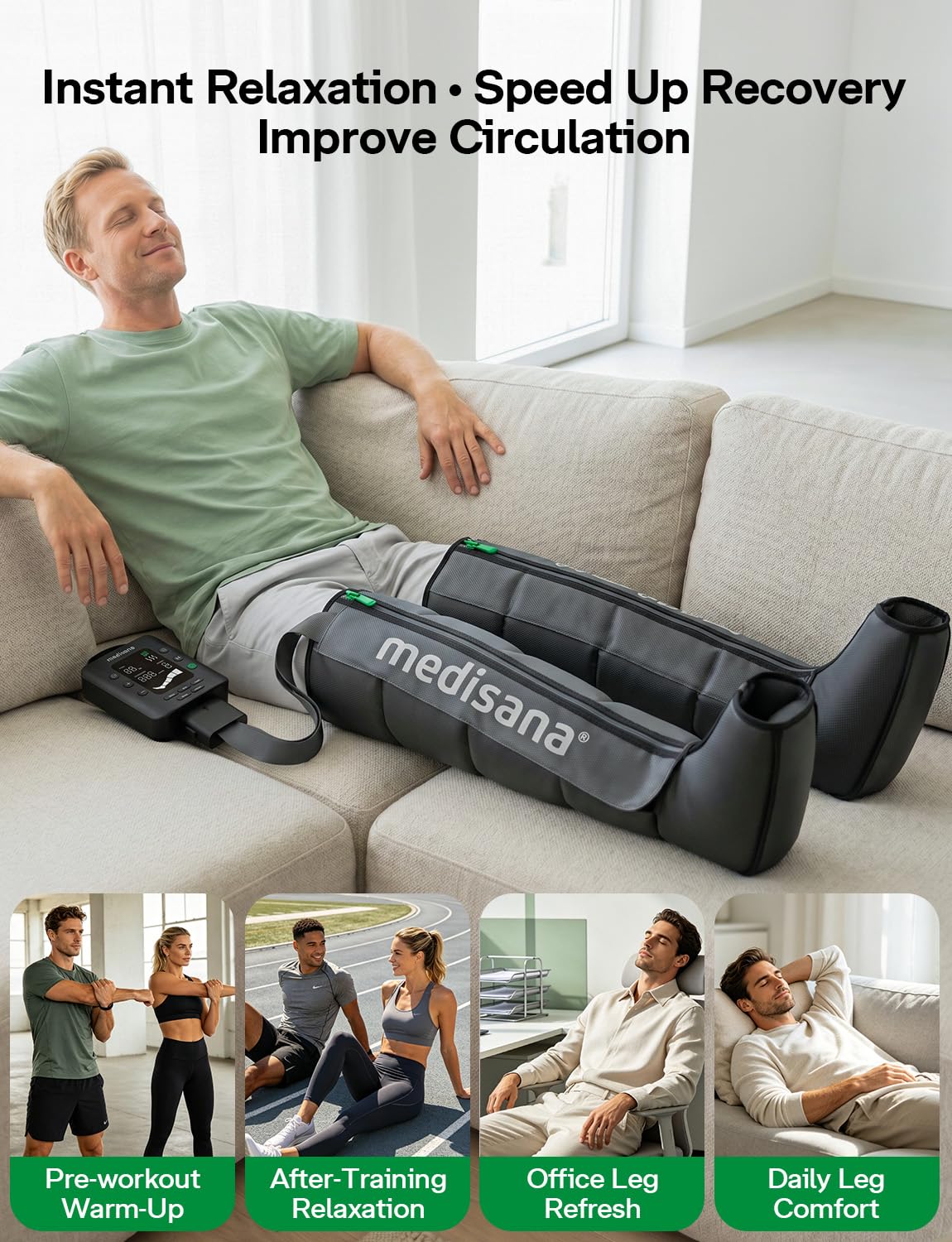 Medisana Leg Massager with Heat and Compression, Leg Massager for Circulation and Pain Relief, Compression Boots with 5 Modes & 3 Heat Levels for Edema Relief, Gifts for Mom, Dad, Him, Her