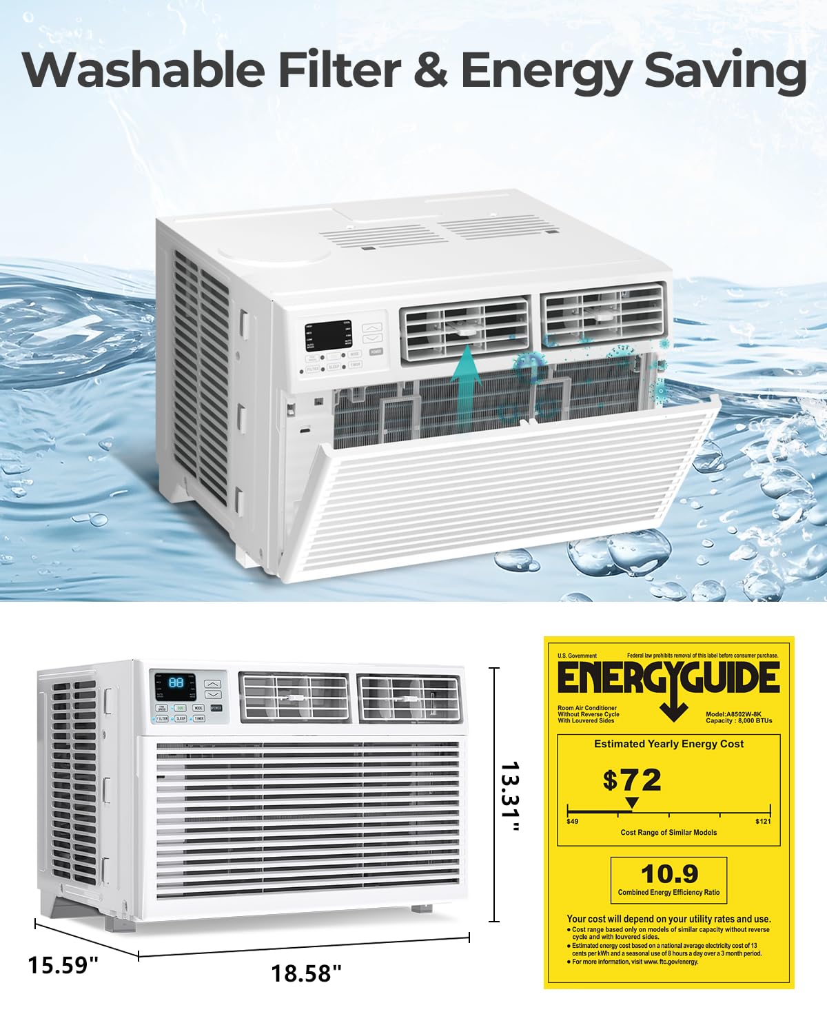 Electactic Window Air Conditioner, 8000 BTU Window AC Unit, Cool Rooms up to 350 Sq.Ft., 6-in-1 Modes,24H Timer, Energy Saving, Remote Control, Perfect for Bedroom, Apartment, Living Room, Office