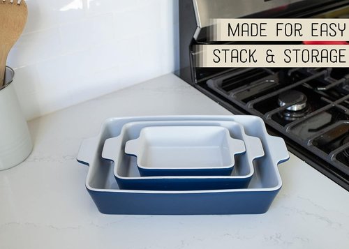 Nat & Jules Ceramic Stoneware Baking Dishes Set of 3 - Nested Blue, 12 x 8 Inches