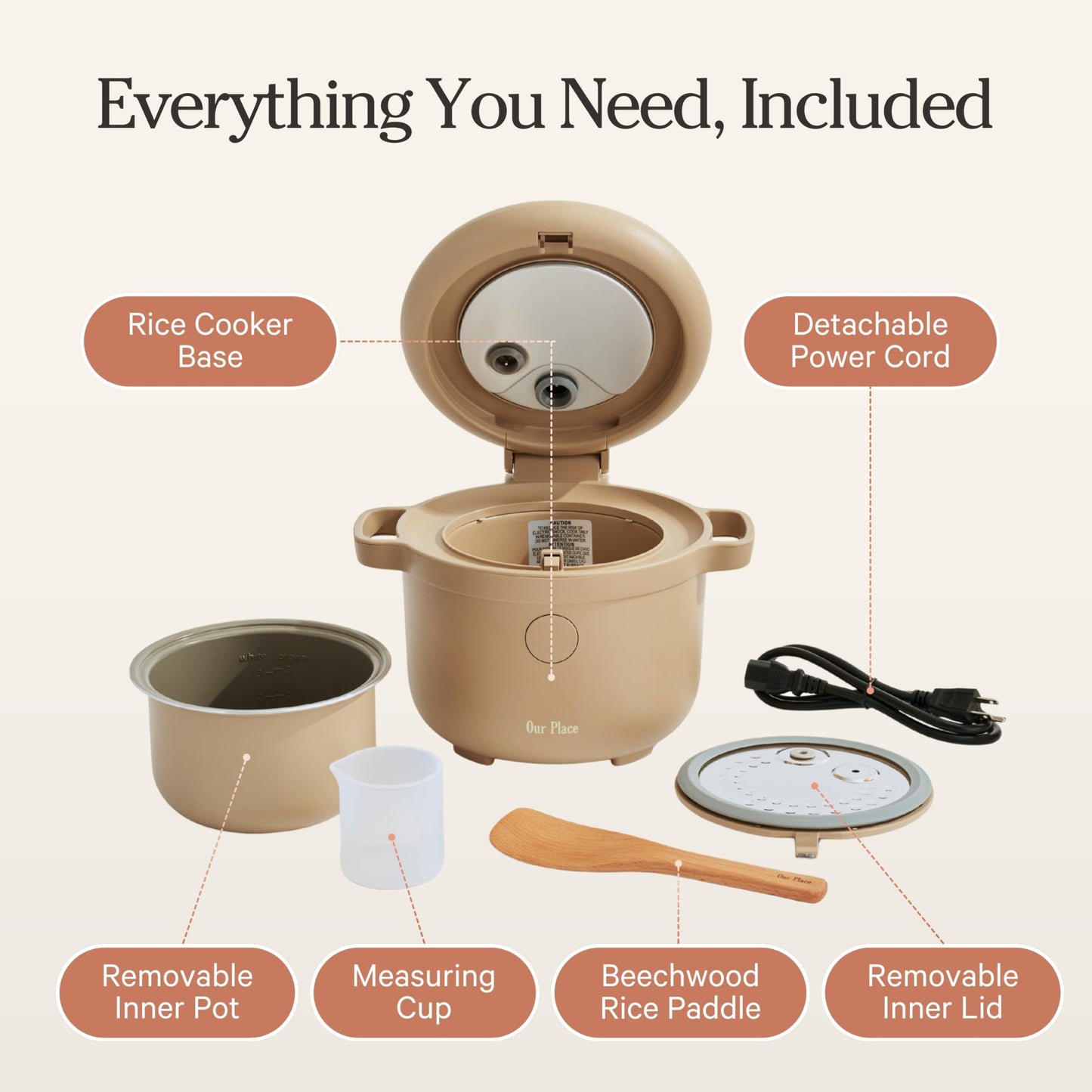 Our Place Rice Cooker | Compact Rice Cooker 3-Cup Uncooked / 6-Cup Cooked with Ceramic Nonstick Inner Pot | Fuzzy Logic Multi-Cooker for White & Brown Rice, Oatmeal & Grains | Delay Timer & Auto Keep Warm | Steam