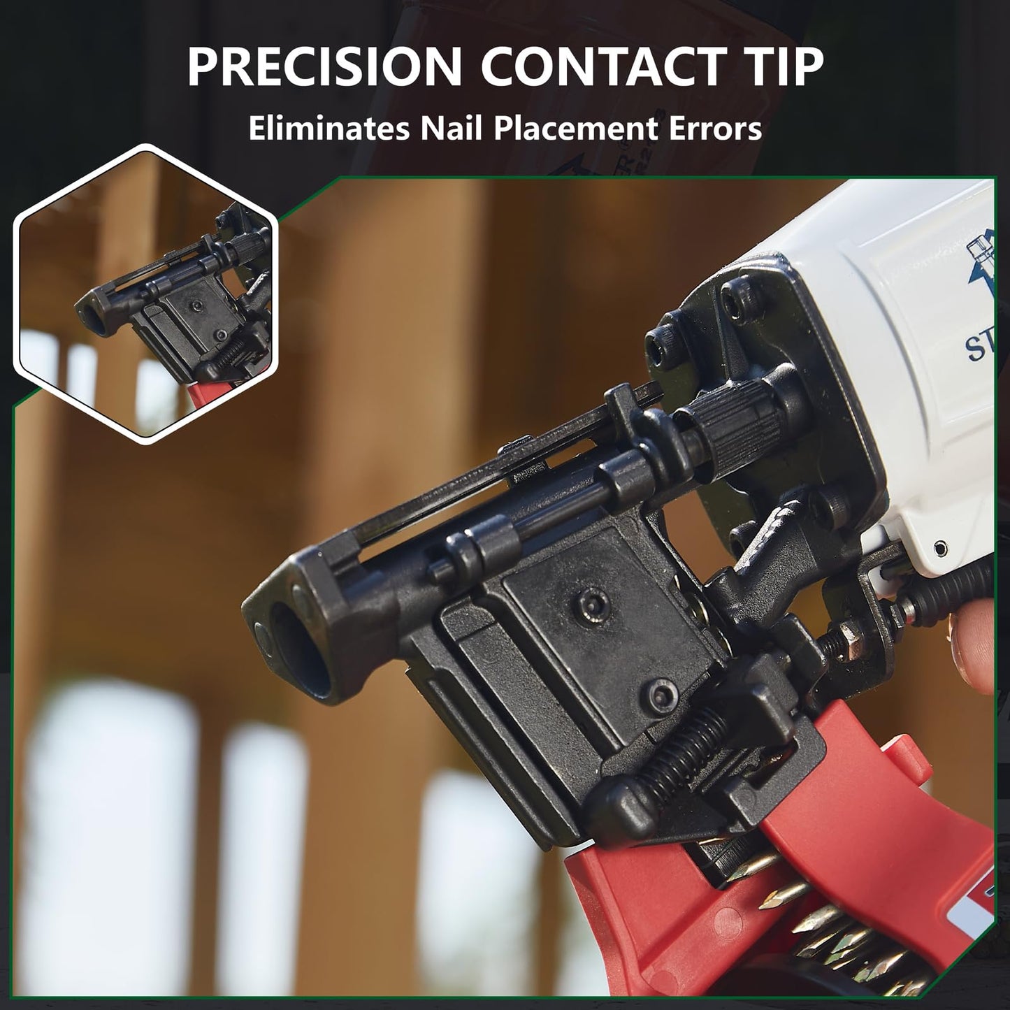 Stafanailer NVH45 Roofing Nail Gun, 15 Degree Pneumatic Pistolas Para Roofing, 7/8" to 1-3/4" Nails Compatibility, 3/8 NPT Air Connector, 120-Pcs Load Capacity for Roofing Constructions(Wht-Grn Ver)
