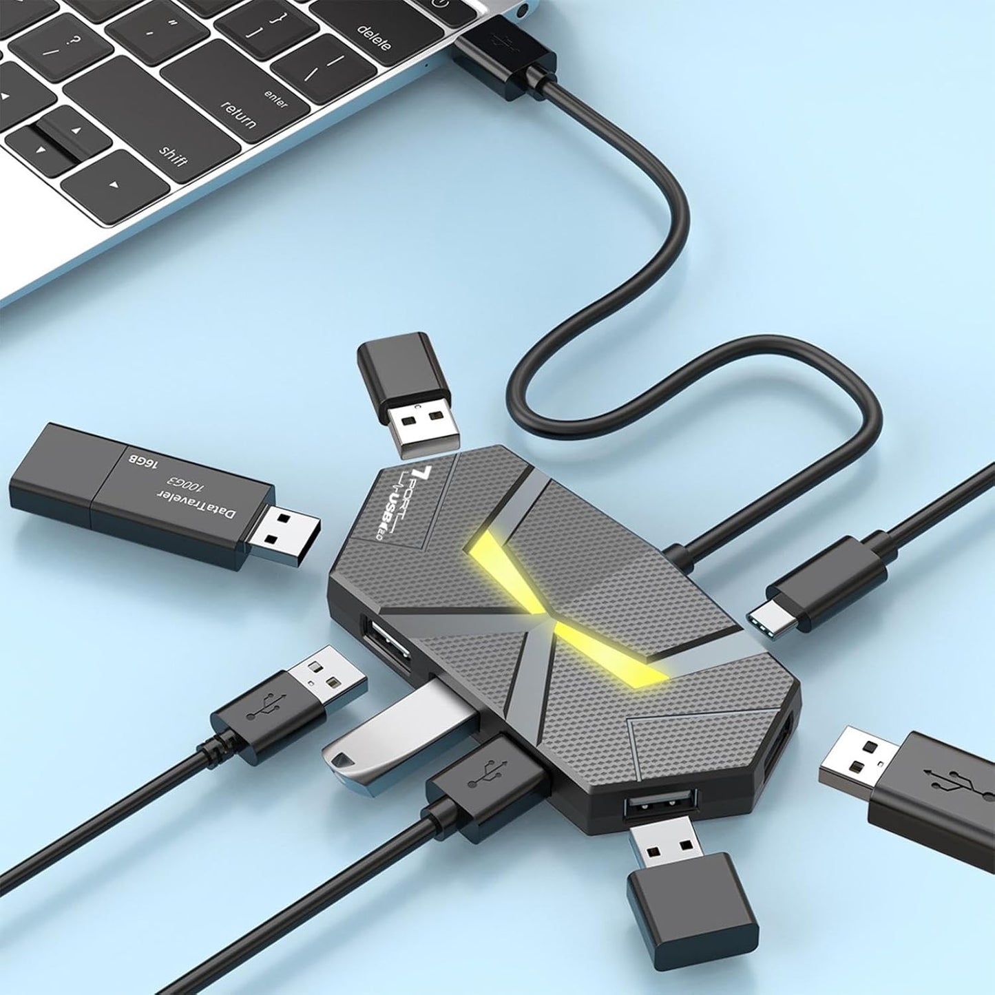 Generic 7xUSB Multi-Function Hub Docking Station with and Type-C Interface, USB Hub with High-Speed Data Transmission