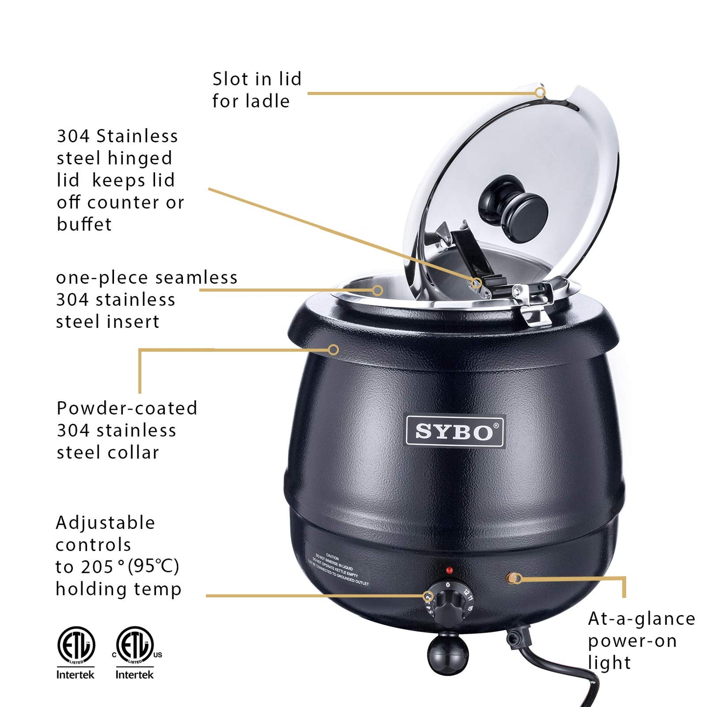 SYBO 500W 2-Bulb Food Heat Lamp & 10.5Qt Soup Kettle w/Lid & Insert Pot, Black