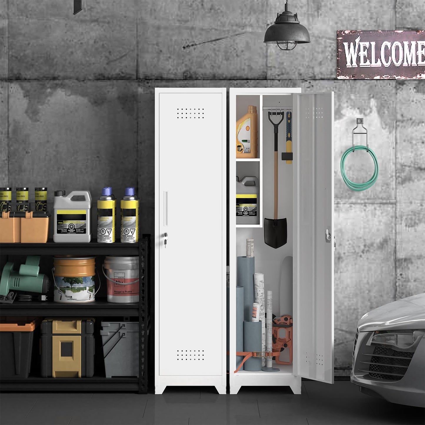 GEDELITE Metal Garage Storage Cabinet,Broom Closet Storage Cabinet,Utility Closet Cabinet for Broom,Garage,Kichen,White