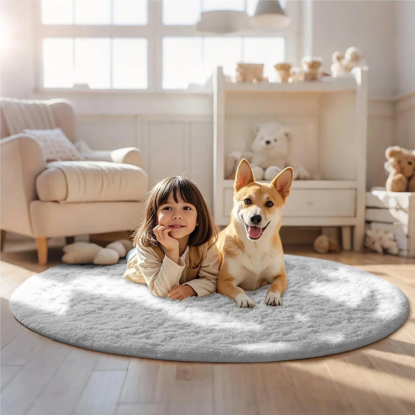 Ophanie White Round Rug - 5Ft Circle Area Rug for Aesthetic Room Decor | Plush Soft Shaggy Carpet