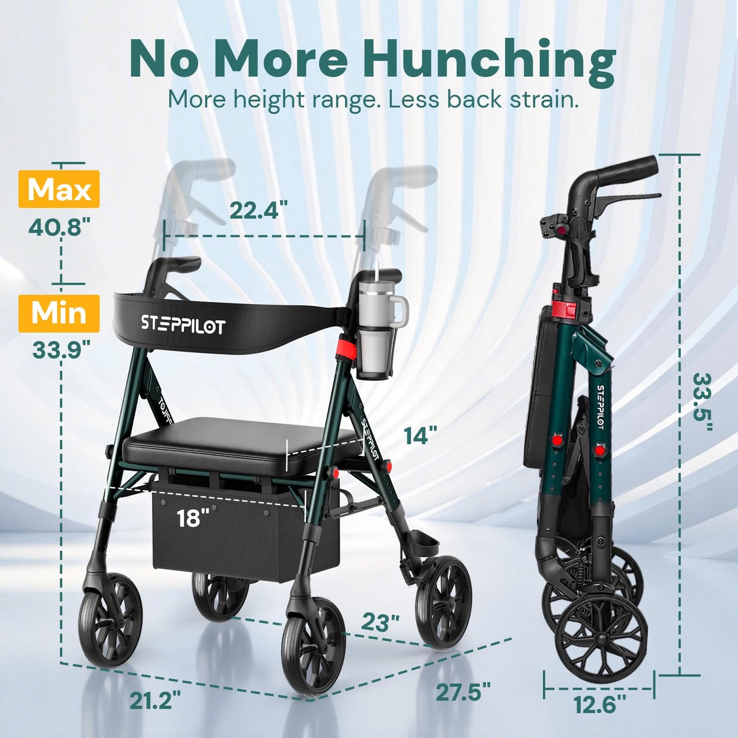 StepPilot Bariatric Rollator Walker with Seat for Seniors, 500lb Capacity Aluminum Frame, Zero Wobble, 16lb Lightweight, 8" All Terrain Wheels, 10-Level Adjustable Handle/Seat, Cup Holder, Cane Clip