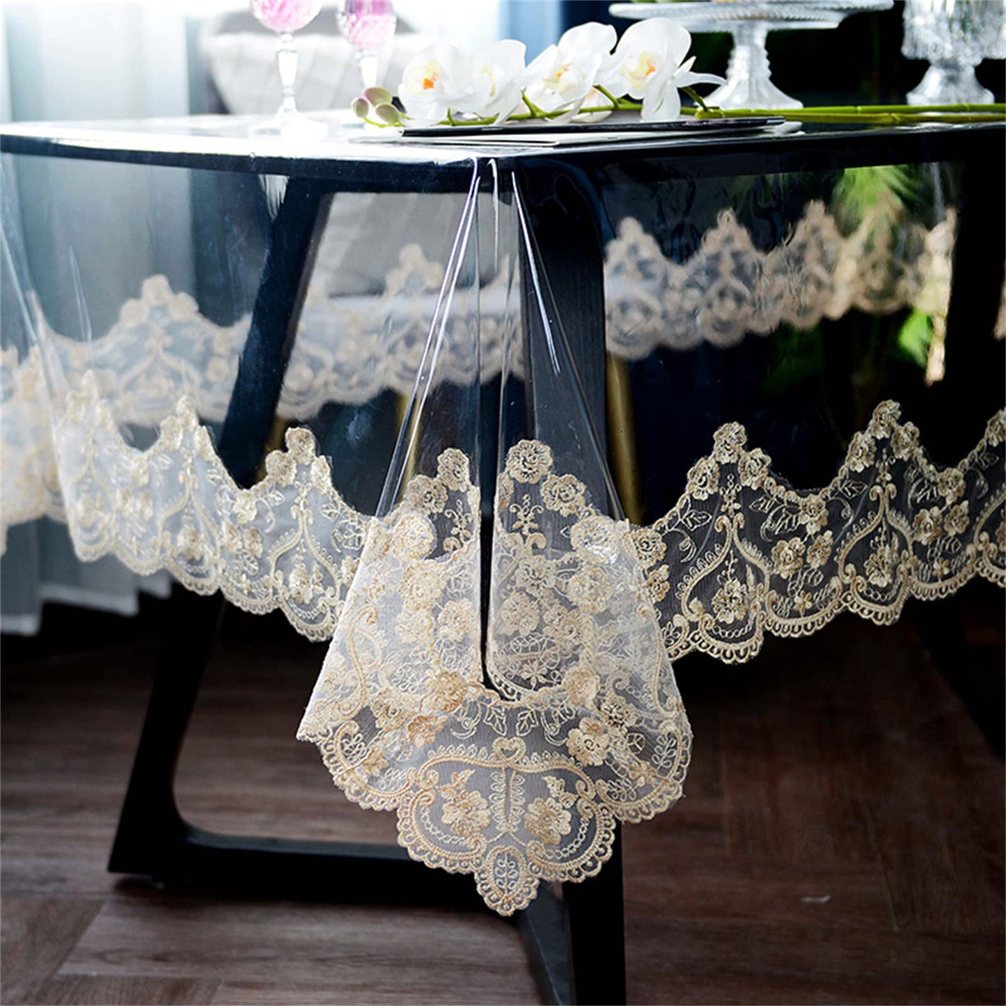 Dimatic Clear Plastic Waterproof Tablecloth, Vinyl PVC Rectangle Table Cloth with Lace Macrame, Oil Spill Proof, Table Cover for Dining Tables, Parties and Holidays (Beige, 60 x 86 Inch)
