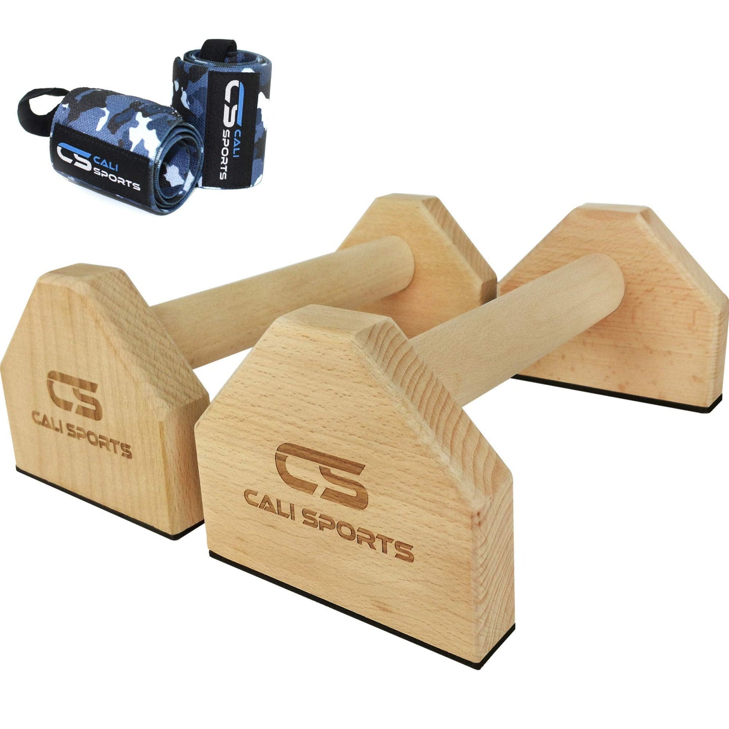 CALI SPORTS Push Up Bar Calisthenics Equipment, Solid Wood Parallettes Bars for Floor Use, Perfect Pushup Bar and Handstand Push Up Handles for Men and Women, Includes Wrist Wraps
