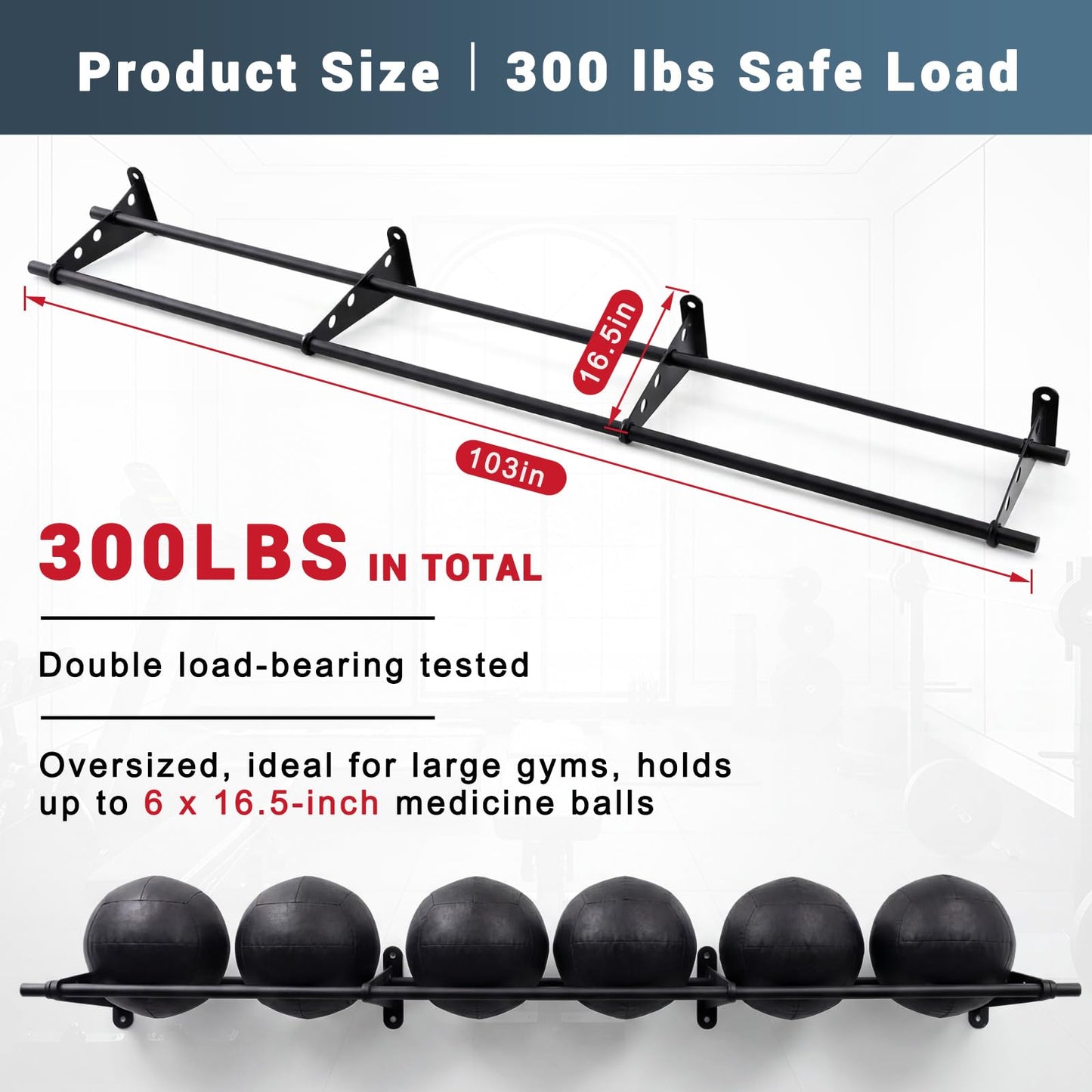 Sintuff 103 Inch Wall-mounted Adjustable Medicine Ball Storage Rack, Holds up to 6 Balls Storage Rack Basketballs, Space-saving Gym Equipment Durable Metal Organizer for Home Commercial Workout Space
