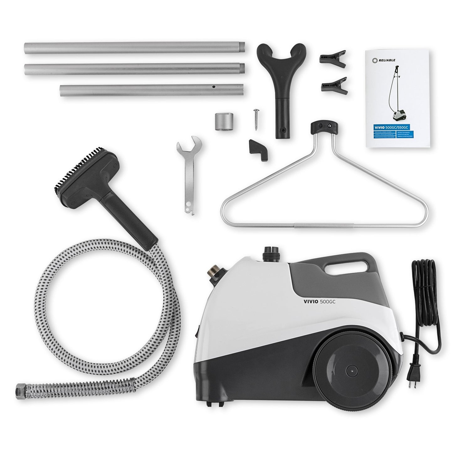 Reliable Vivio 500GC Garment Steamer - PVC Steam Head and Easy Roll Wheels, Garment Steamer with Removable Hanger, 1 Gallon Water Capacity, 1300W Brass Elements with Auto Shut Off and 63" Long Hose