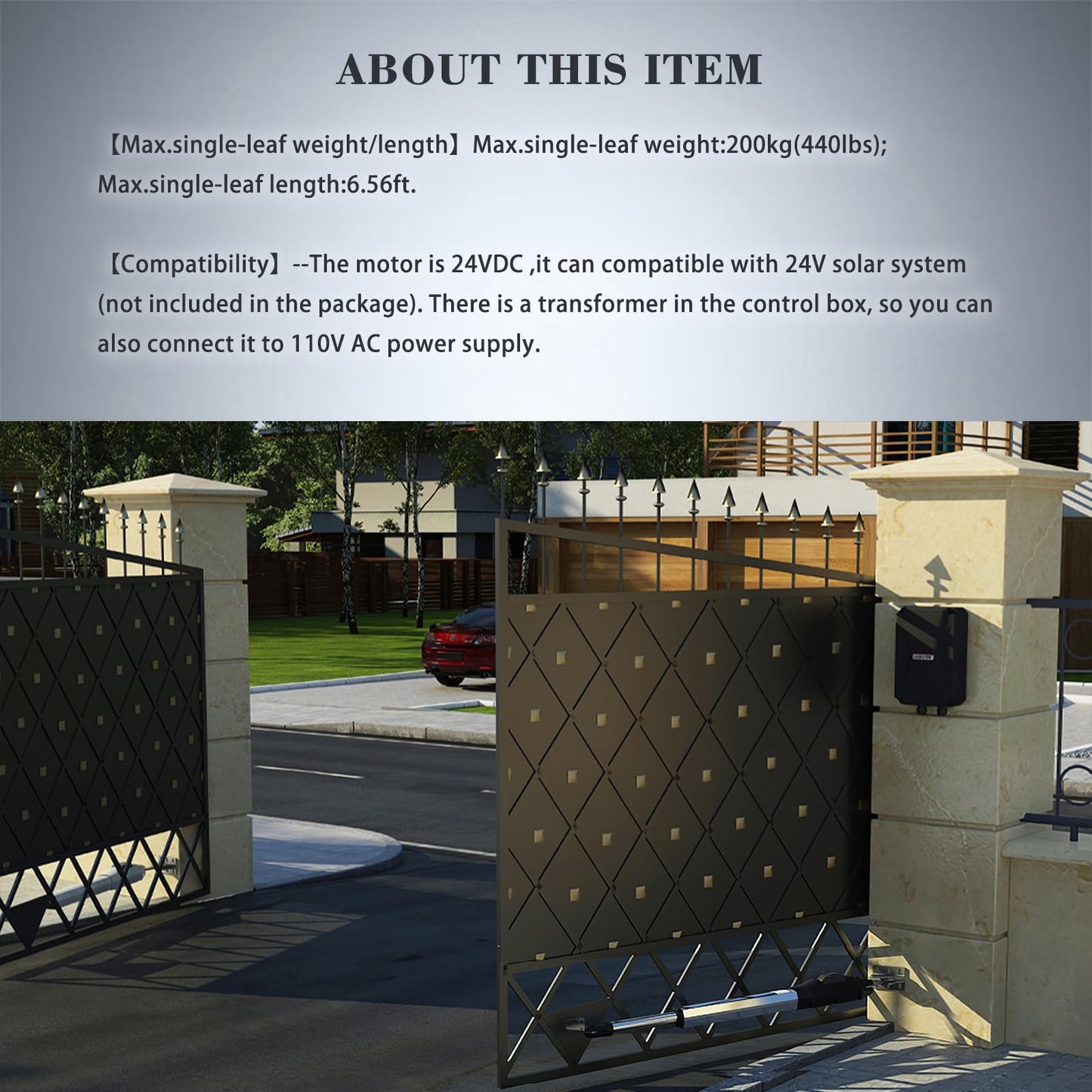GATEXPERT SW440DC Single Arm Swing Gate Opener Kit Automatic Gate Operator for Gates up to 440 Pounds and 6.56 Feet