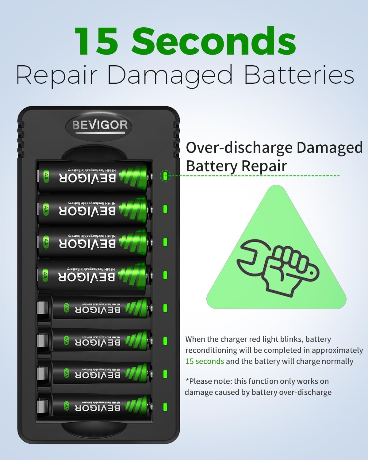 BEVIGOR 8 Bay AA AAA Battery Charger, Independent Slot Charger with LED Light, USB High Speed Charging, for Ni-MH Ni-CD