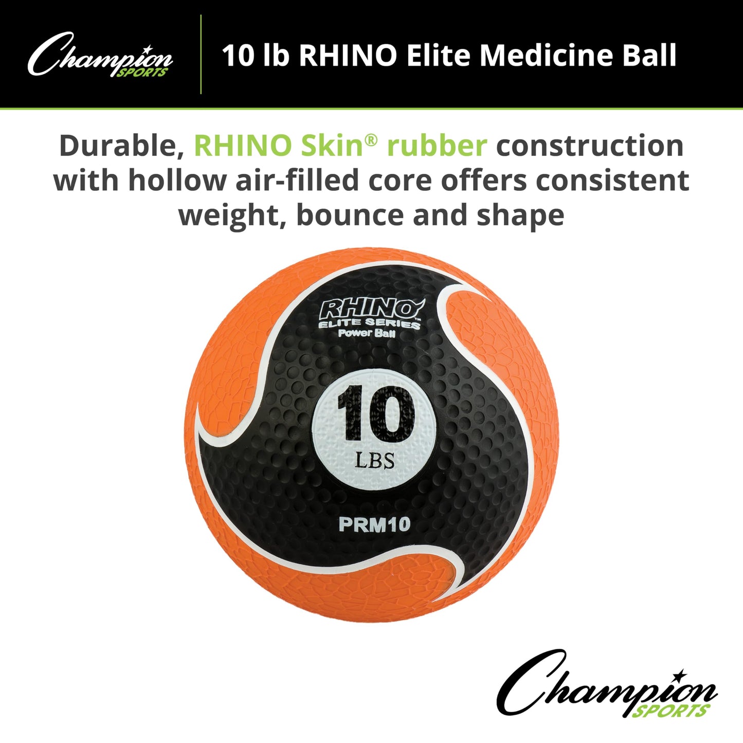 Champion Sports Rhino Elite Medicine Ball-Durable Rubber Weighted Ball & Textured Grip for Core Strength-Cardio & Cross-Training Workouts-Home or Gym Fitness-Orange (10lbs)