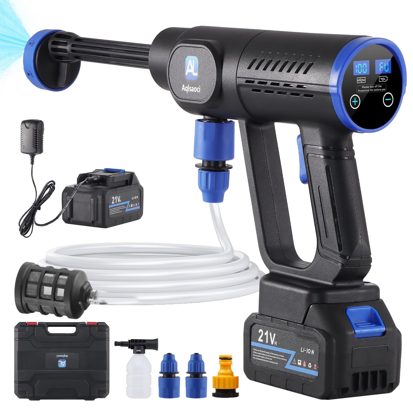 Cordless Portable Cleaning Tools, Brushless Portable Power Machine with LCD Display,100 Levels Adjustable,2×21VRechargeable Batteries 6-in-1 Nozzle Sprayer for Car,Patio,RV,Fence & Yard Cleaning