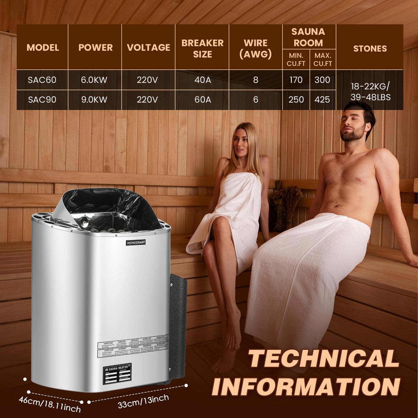 Mxmoonant Sauna Heater, 6KW 220V Electric Sauna Heaters Digital Control Sauna Stove Dry Steam Sauna Bath for Home Hotel Spa Max. 300 Cu.ft with Sauna Hygrothermograph