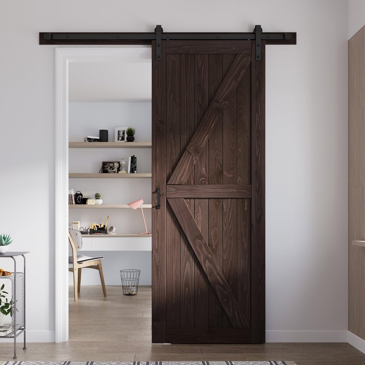 FREDBECK 36in x 96in Brown Barn Door with 6.6ft (79inch) Barn Door Hardware Track Kit and Handle Included, Double Surfaces,Simple Assembly is Required,K-Frame,Coffee