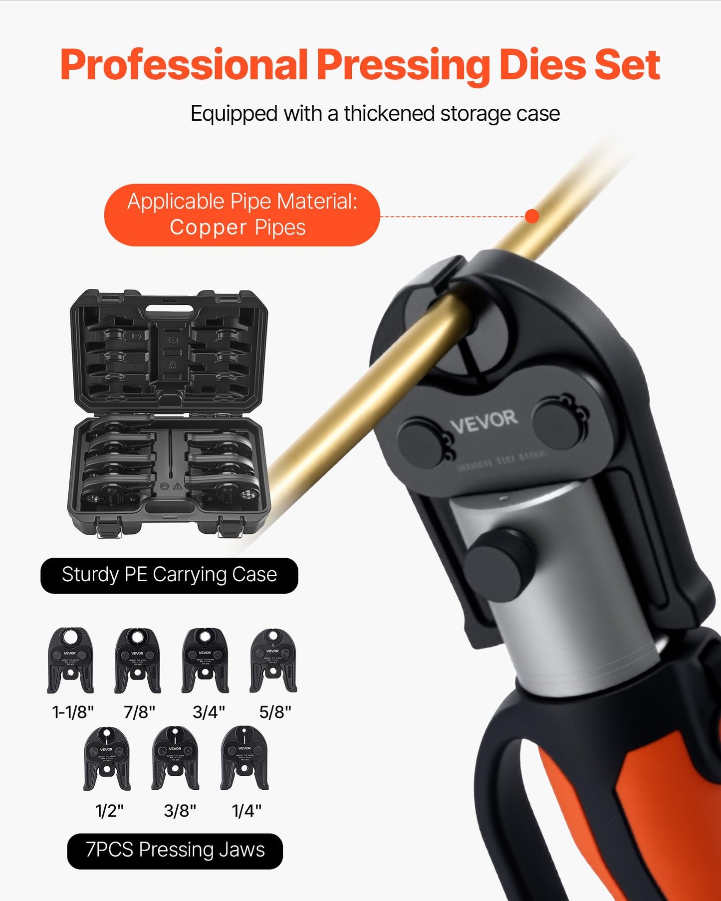 VEVOR 7PCS Pressing Jaws 1/4" to 1-1/8" - Compatible with RLS Copper Pipes, Work with 32KN Standard Press Tools for High Pressure HVAC/R Applications - with Case