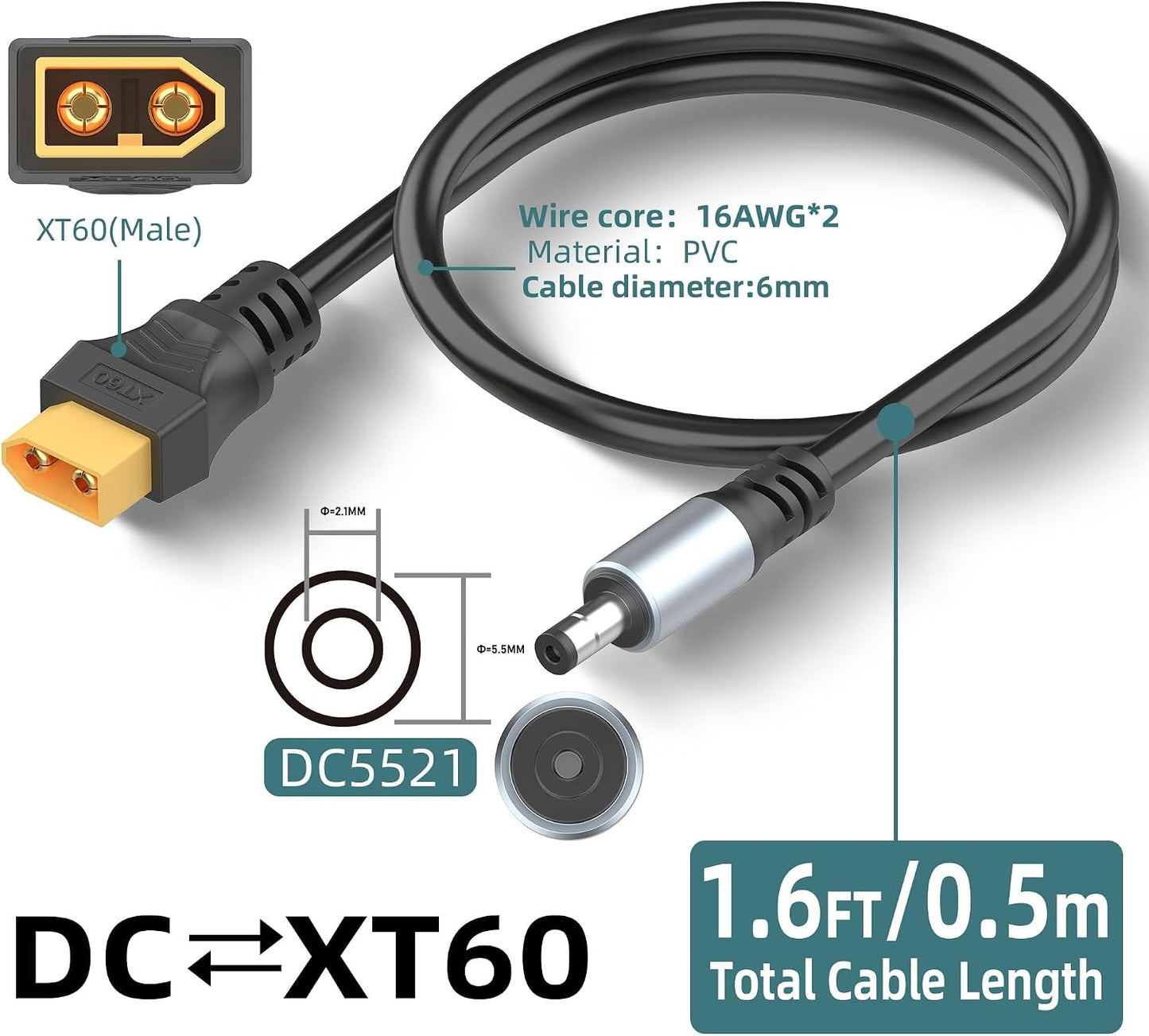 Magiclifee 1.6FT XT60 DC5521 XT60 5.5mm 2.1mm (0.5M) Male to Power Cable, to DC x Male Adapter Cord for FPV Goggles