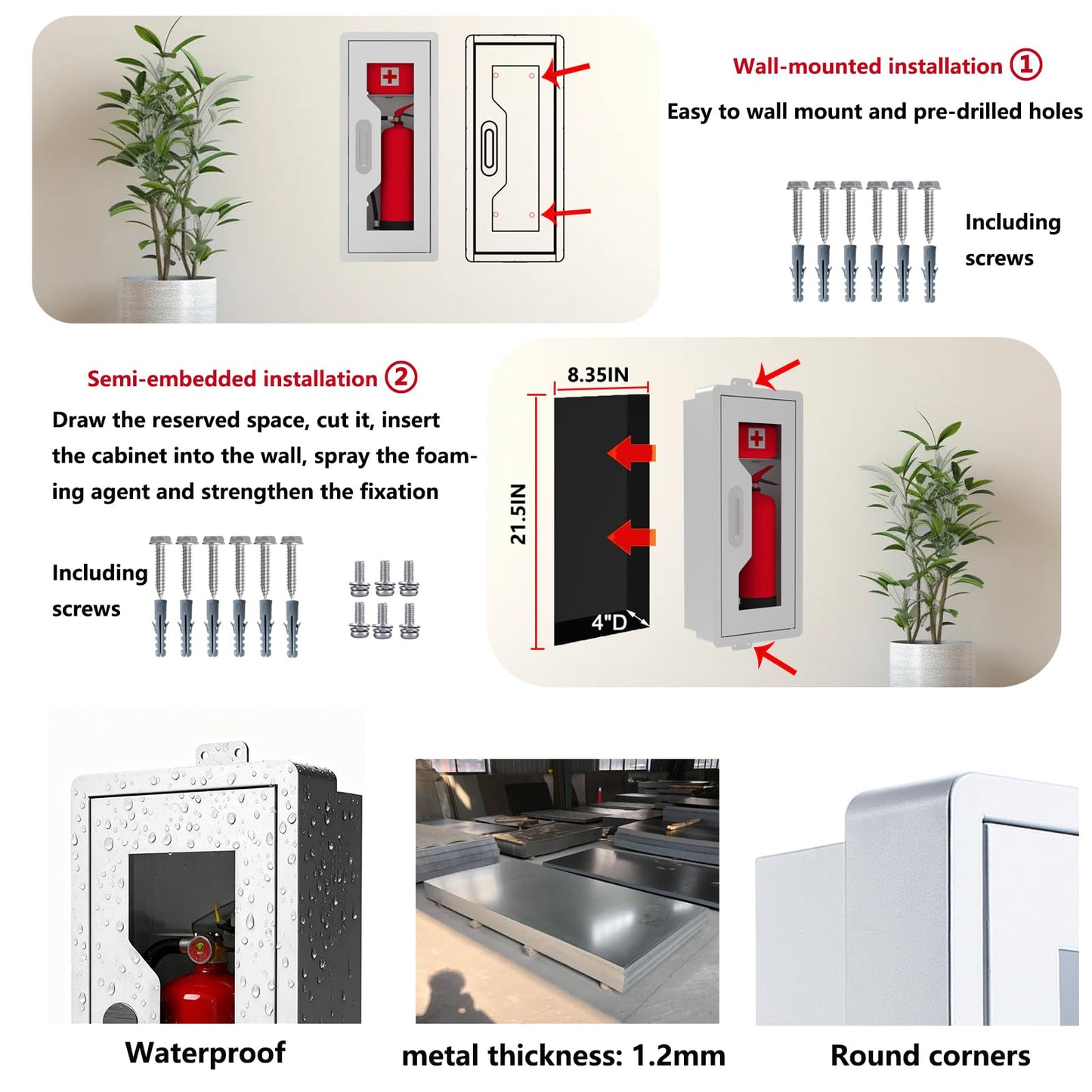 Steel Fire Extinguisher Cabinet, Magnetic Door with Acrylic Window Holds 2.5/5/10 LB Extinguisher & First Aid Kit, Semi-Recessed & Wall Mount Cabinet for Indoor/Outdoor (1PCS, White) (1, White)