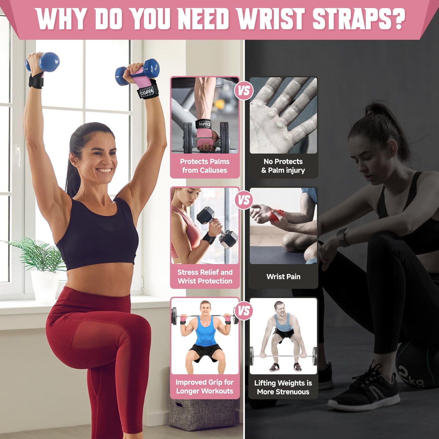 COFIT Wrist Straps for Weightlifting, Workout Wrist Wraps with Dual-Layer Oxford Leather, Enhanced Grip for Optimal Hand and Wrist Protection for Deadlift and Dumbbel - Standard size Pink