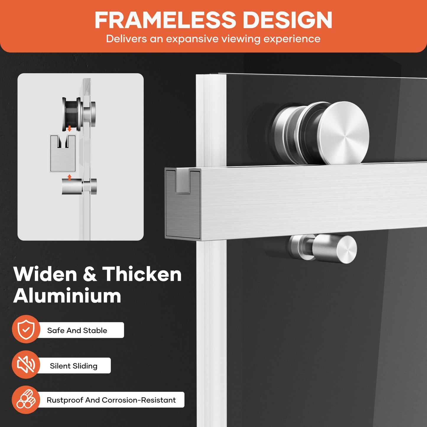 chunnwin Frameless Double Sliding Shower Door 56-60" W x 76" H, 1/4"（6mm） Tempered Glass Two Horizontal Handles Easy Clean Stainless Steel Hardware Brushed Nickel