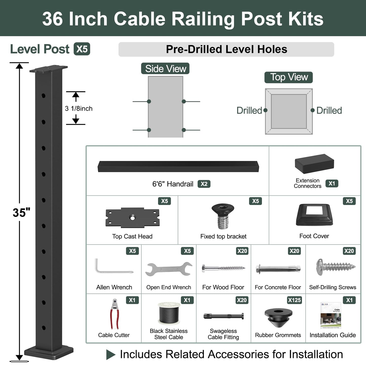 BLIKA 6'6"-13FT Complete Set 36" Cable Railing Post Kits, Surface Mount Deck Cable Railing System with Handrail & Swageless Tensioner, Pre-Drilled Black Stainless Steel Cable Railing Posts