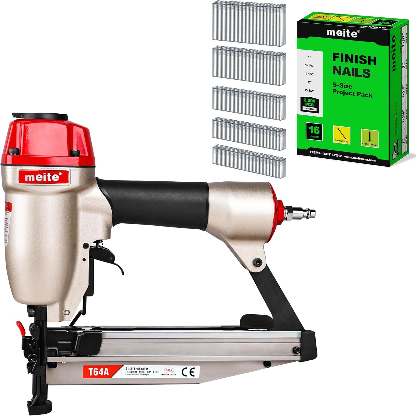 meite T64A 16 Gauge Finish Nailer with Straight Finish Nails 5 Sizes Assorted Set 2,500PCS, Pneumatic Finish Nail Gun for Baseboard Crown Molding Cabinetry