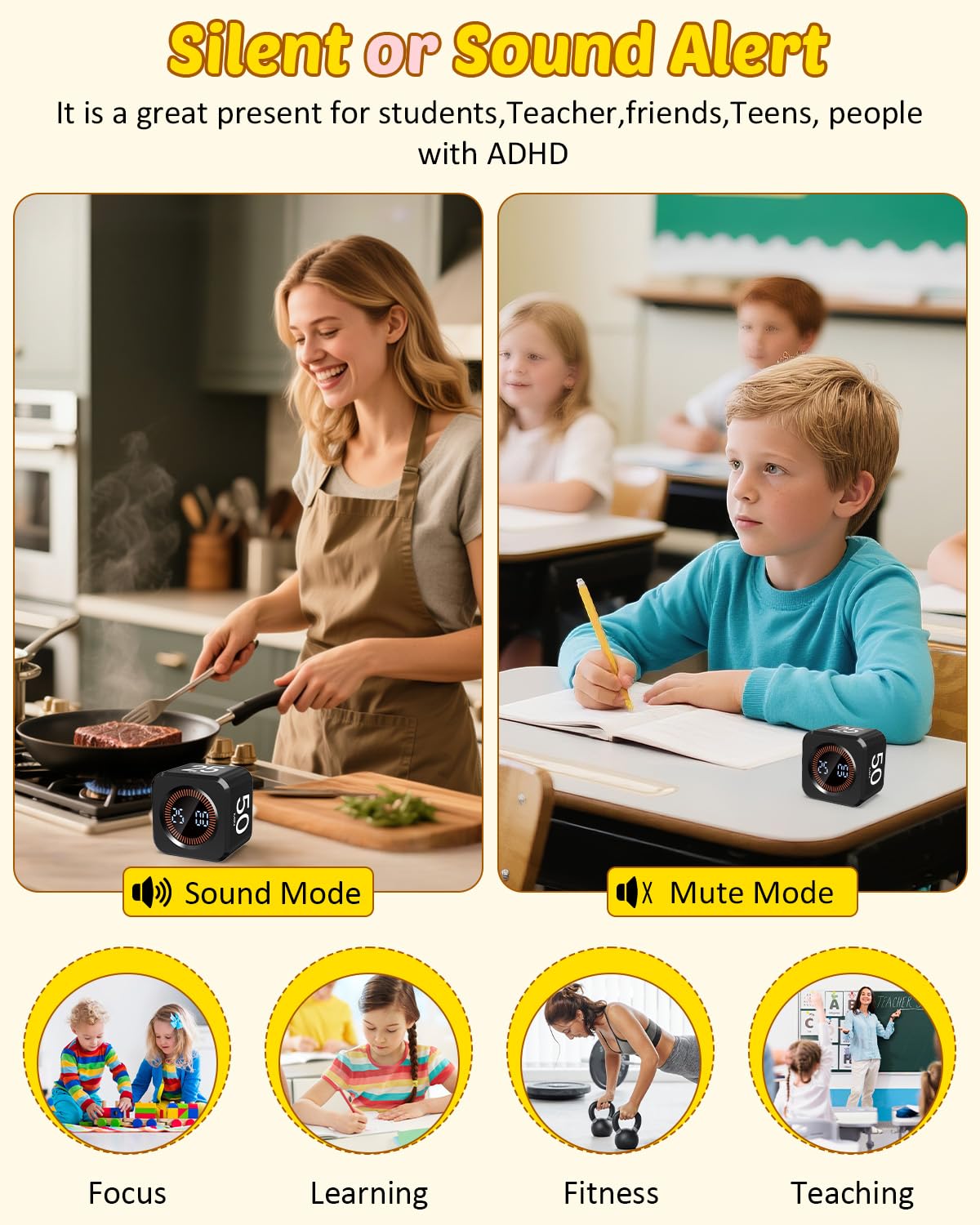 COWVTUJ Digital Pomodoro Timer Cube 5/10/25/50min, Visual Productivity Flip Timer for Kids Classroom Desk, Custom Countdown, Silent and Sound Mode for ADHD Study Work Game Kitchen (Black)