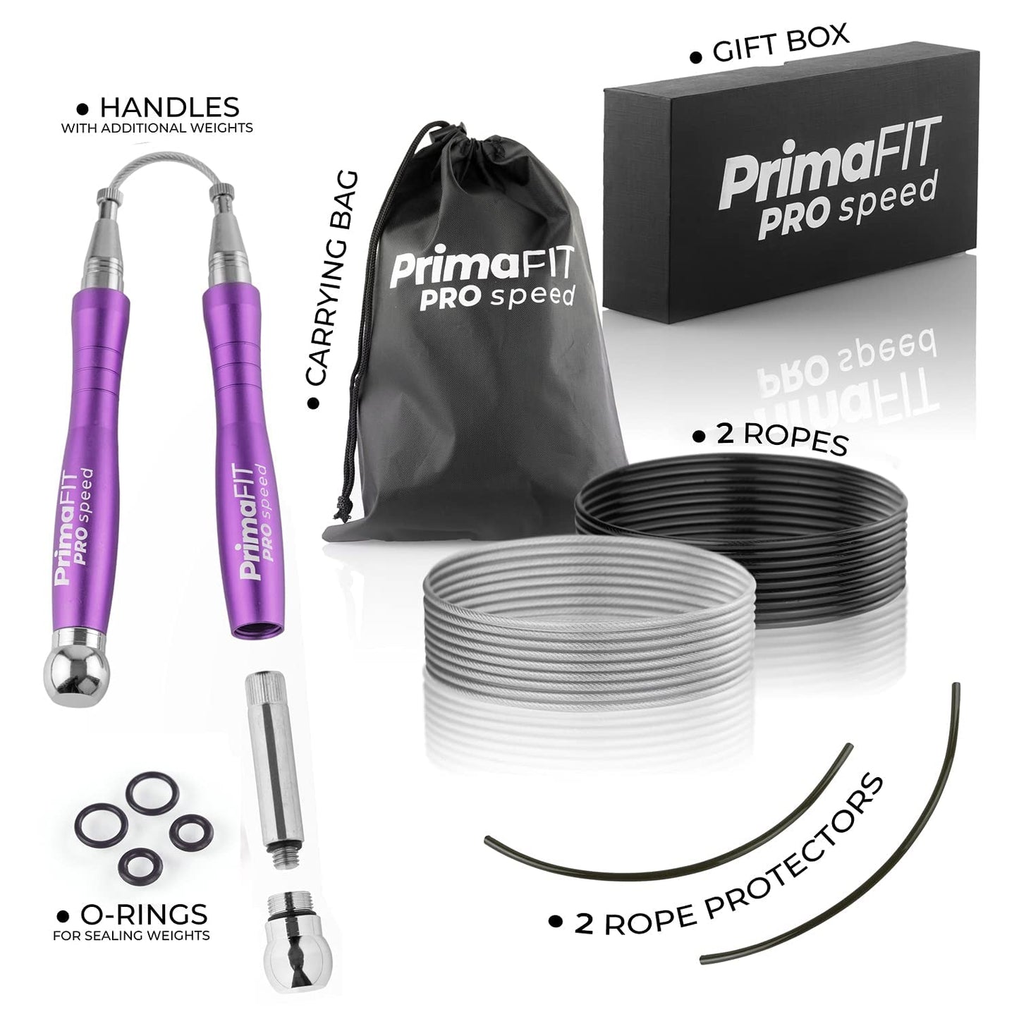PrimaFIT Jump Rope Pro Speed Skipping Rope Adjustable Adult Jumping Rope Weighted Aluminium Handles for Double Dutch Boxing Workout Crossfit Exercise Fitness Spare Cable Weights Protectors Carry Bag
