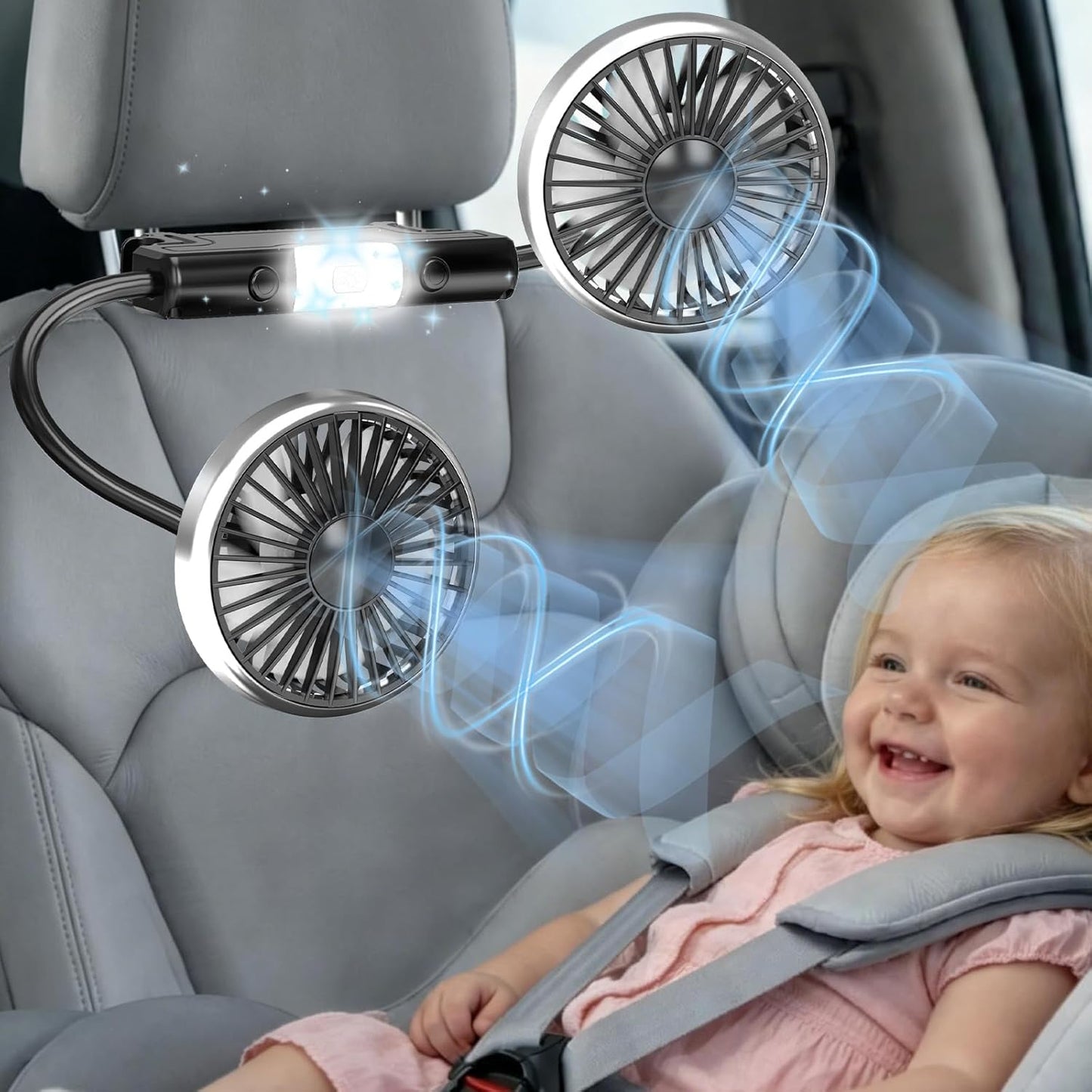 Back Seat Car Fan for Kids - Battery-Free Dual Adjustable Air Circulation