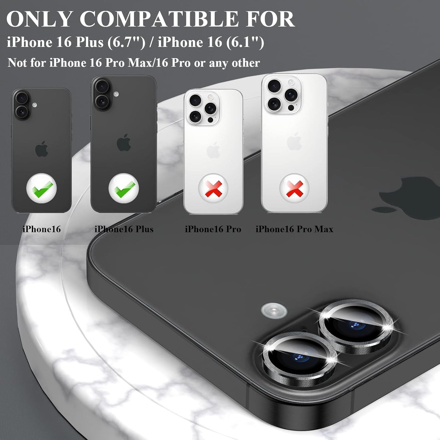 2X2 Pack 16 /16,Camera Alloy Metal Camera Lens Protector Compatible for iPhone Plus Cover Ring Tempered Glass