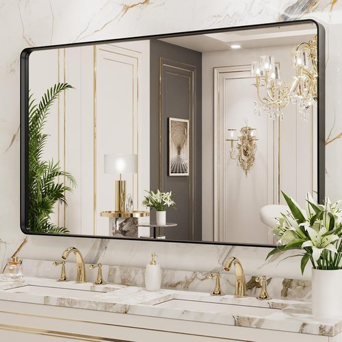 LOAAO Black Metal Framed Bathroom Mirror - Large Rounded Rectangle, Anti-Rust Tempered Glass, 50x30 Inch